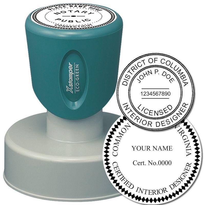 Xstamper Interior Designer Pre Inked Rubber Stamp of Seal in teal, with sample seals for licensed interior designers in DC and Virginia.