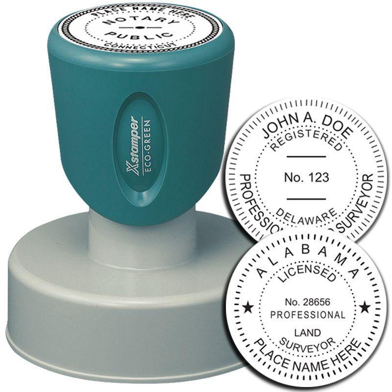 Xstamper Land Surveyor Pre-Inked Rubber Stamp of Seal with teal handle and two sample seal impressions for professional use.