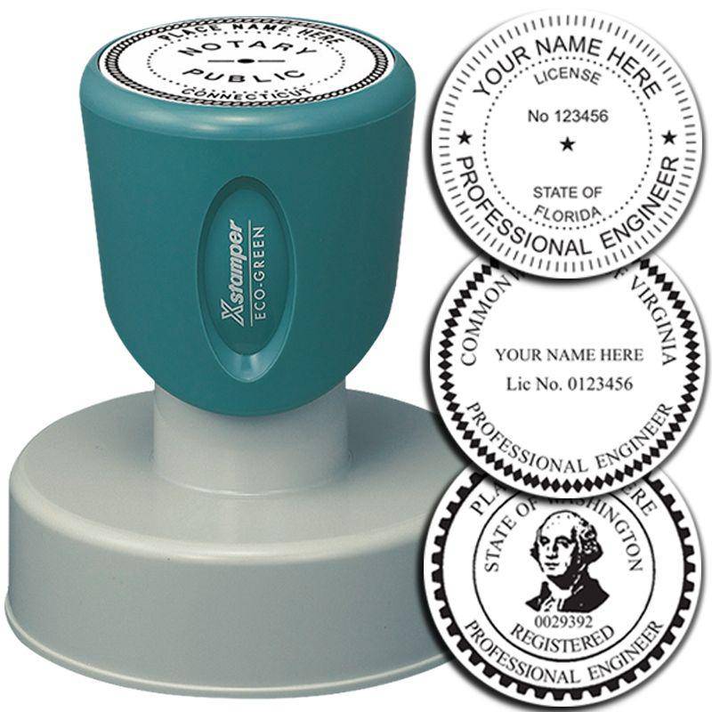 Image of the Xstamper Professional Engineer Pre-Inked Stamp of Seal, featuring a teal and gray stamp with three sample seal designs for different states, showcasing customizable professional engineer seals.