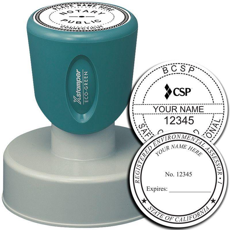 Xstamper Professional Pre-Inked Rubber Stamp of Seal with green handle and sample seal imprint showing customizable text and expiration date.
