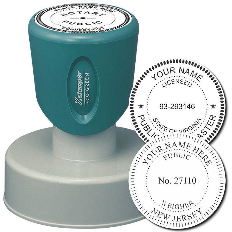 Xstamper Public Weighmaster Pre-Inked Rubber Stamp of Seal, teal handle, with two sample impressions showing customizable text and seal design.