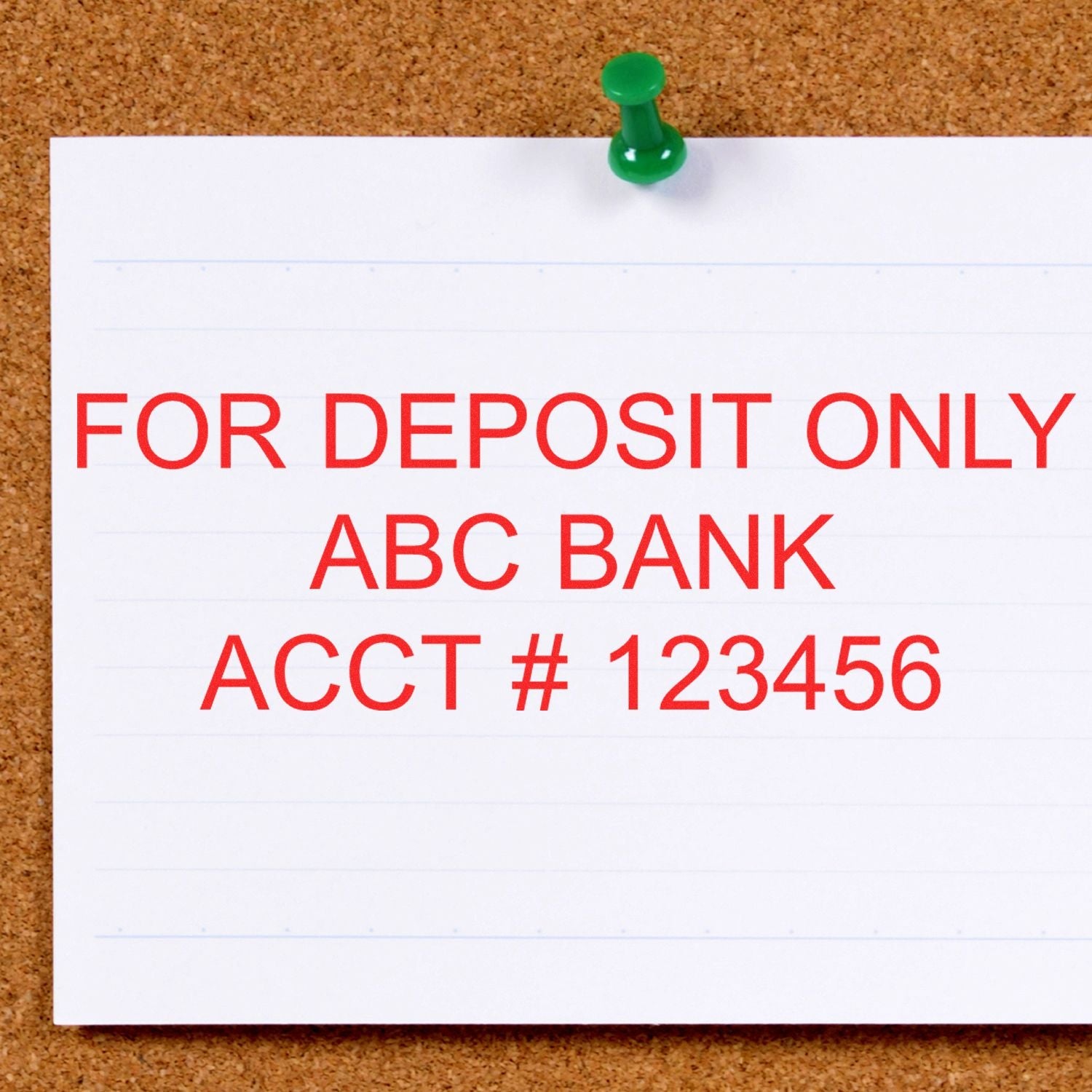 Pinned paper with FOR DEPOSIT ONLY ABC BANK ACCT # 123456 stamped in red. Blog post: For Deposit Only Stamp.