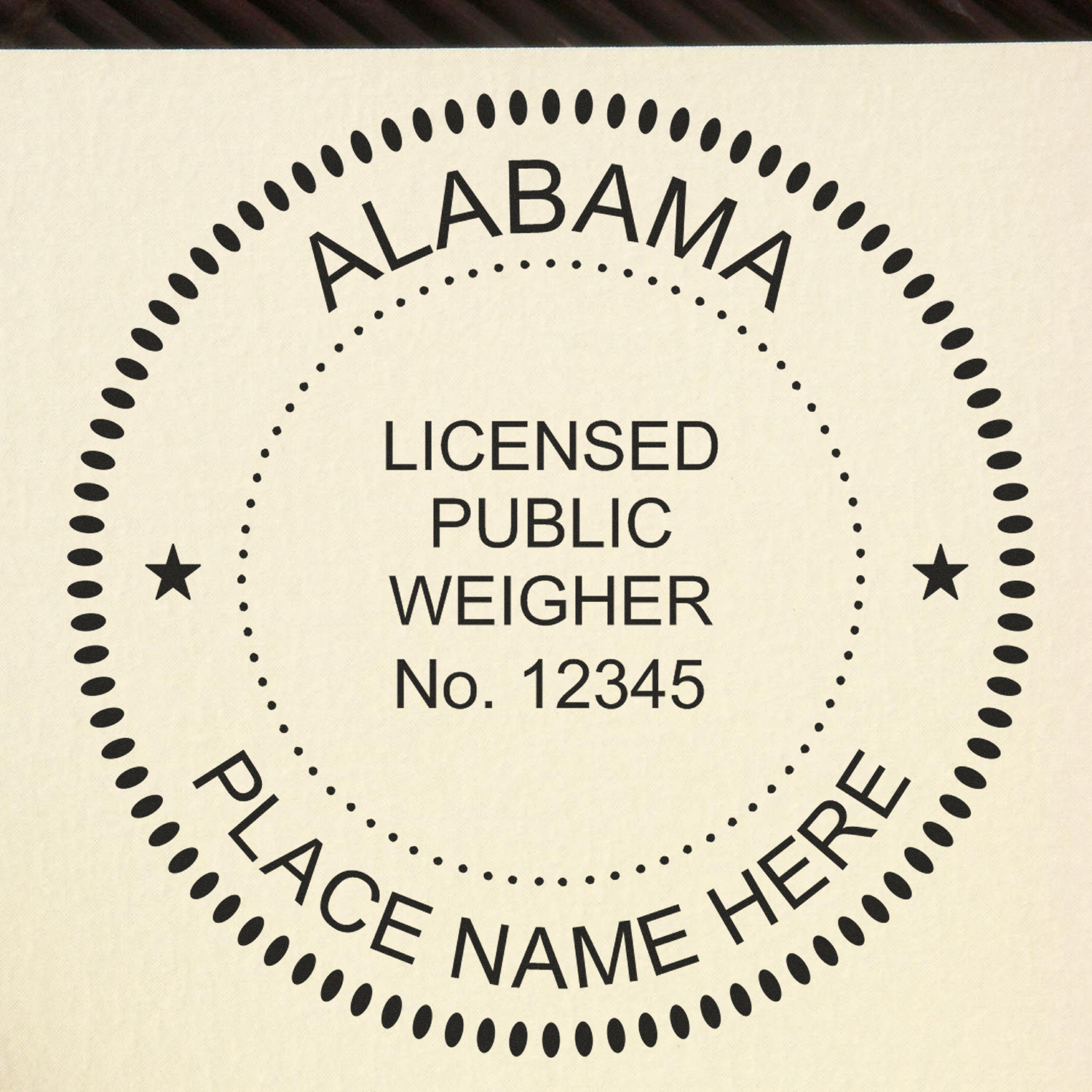 Image of a circular seal with ALABAMA LICENSED PUBLIC WEIGHER No. 12345 PLACE NAME HERE for blog post: Weighmaster Certification 101: Everything You Need to Know.
