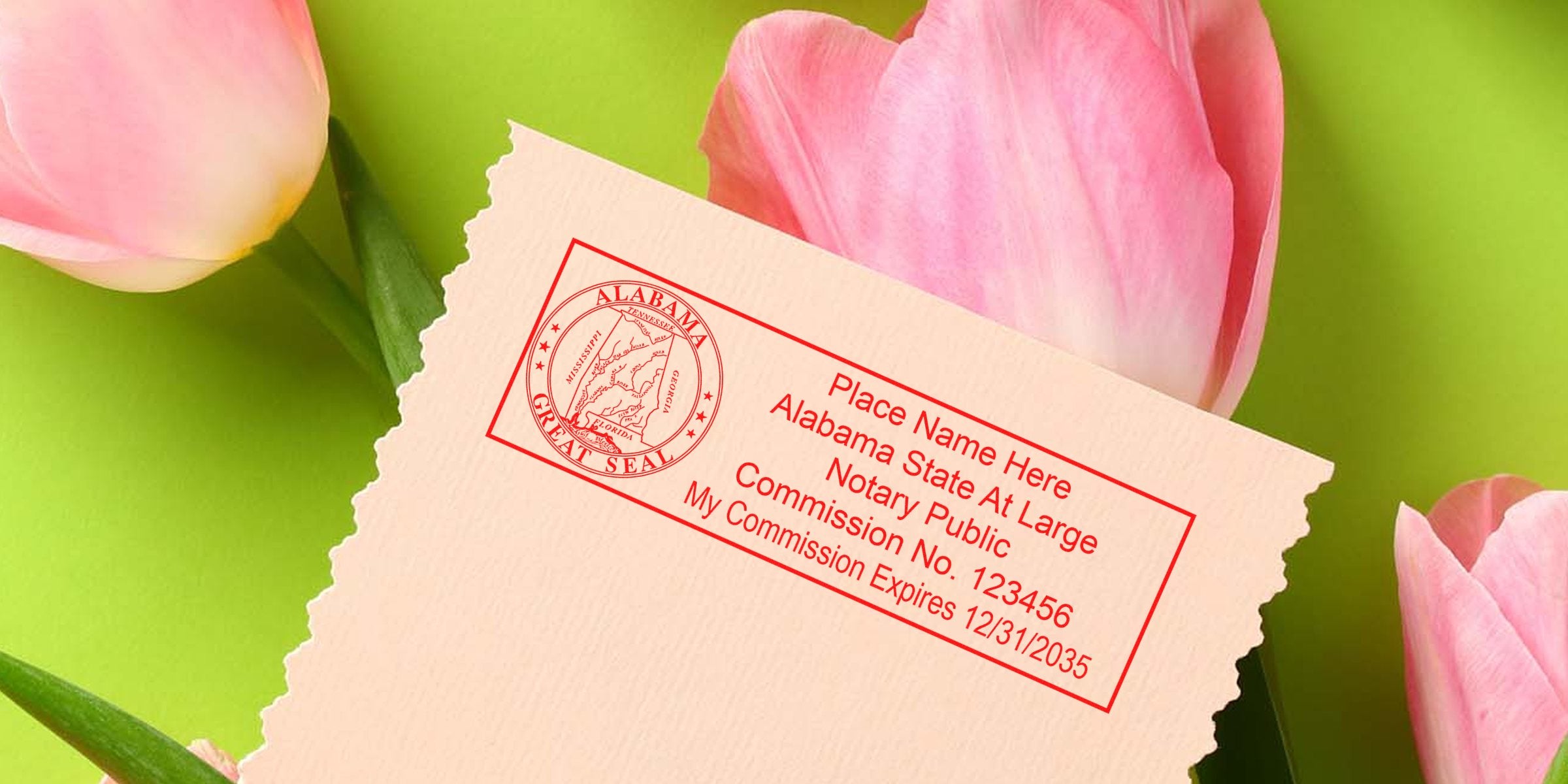 Alabama notary public red stamp on torn beige paper beside pink tulips on bright green background — notary commission sample