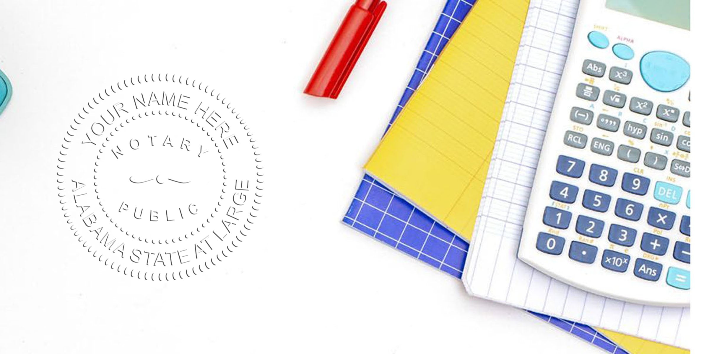 Top-down school desk flatlay with scientific calculator, yellow and blue notebooks, red pen cap and faint circular notary public stamp on white background—study supplies for math homework, tutoring, finance or accounting.