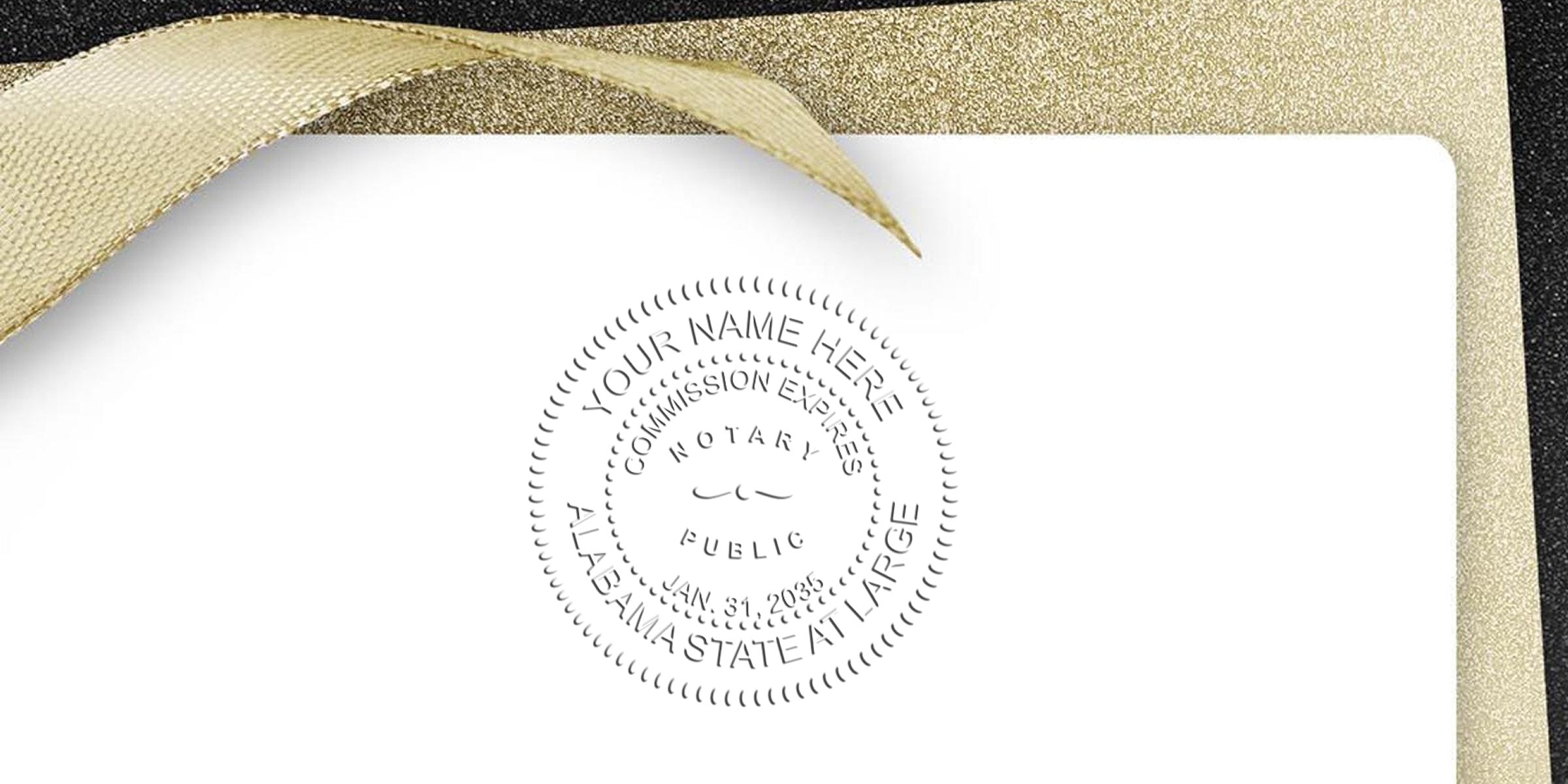 Embossed Alabama notary seal on white certificate with gold glitter border and gold ribbon accent, official document detail