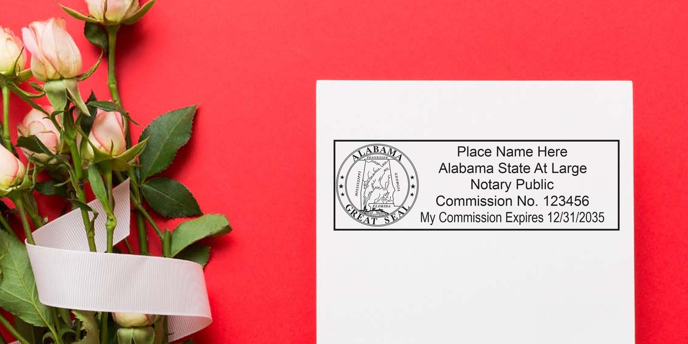 Bouquet of pale pink roses with white ribbon beside a white card showing the Alabama notary public great seal and sample commission details on a red background