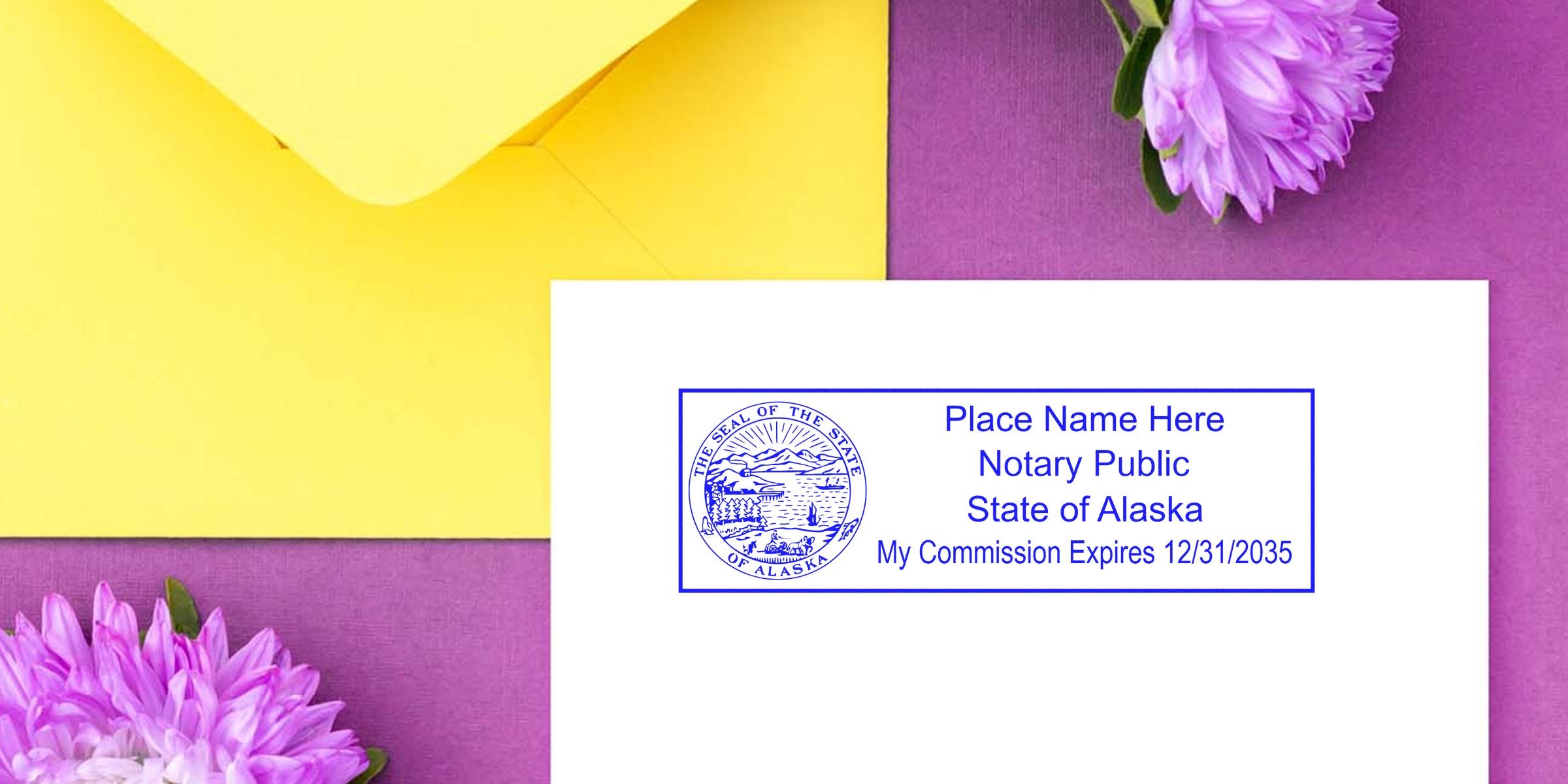 Top-down flatlay of a white notary document with blue State of Alaska notary stamp beside yellow envelope and purple flowers, bright background
