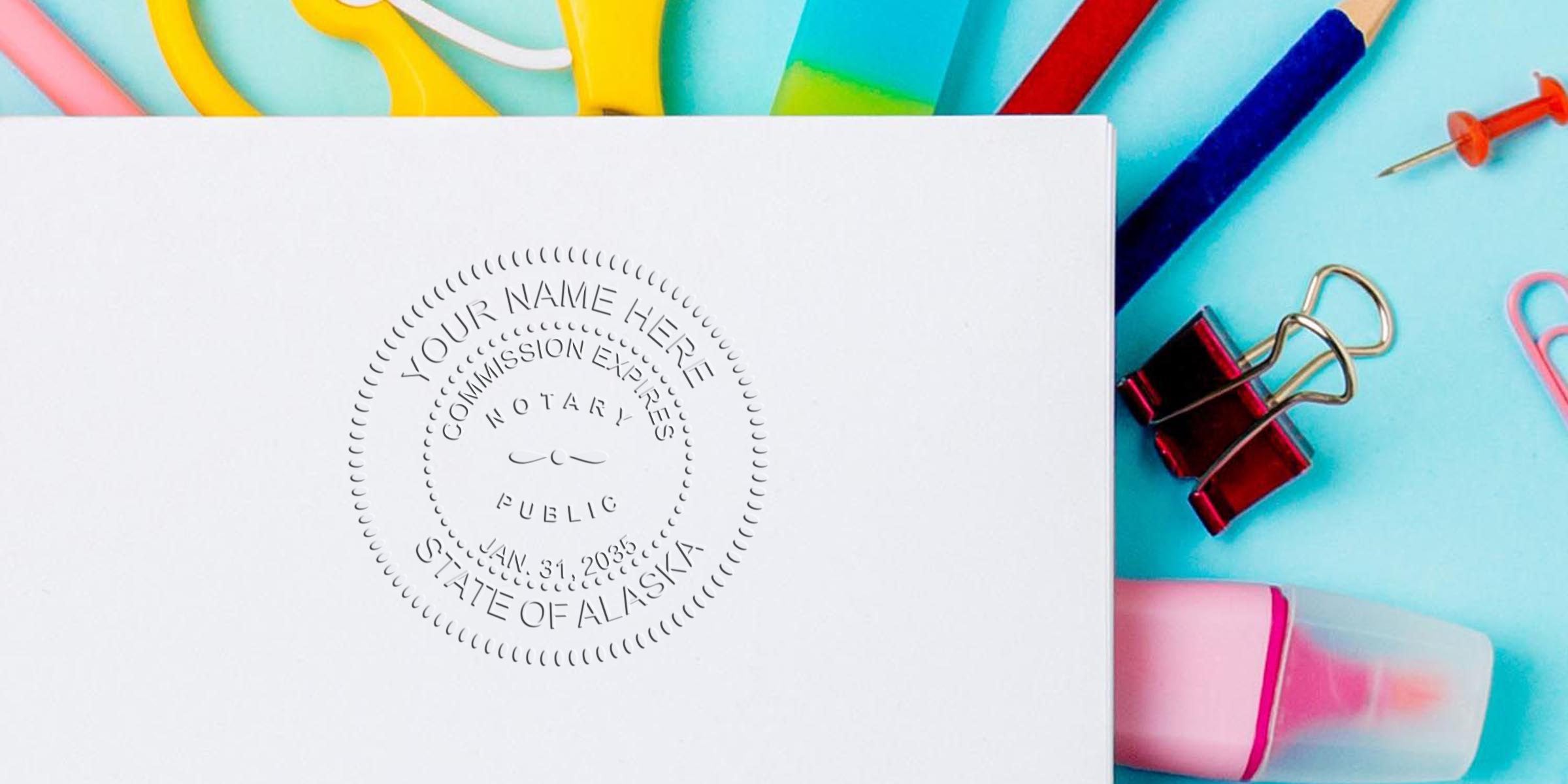 Embossed notary public seal reading "State of Alaska" on white document, surrounded by colorful office supplies (binder clip, pushpin, highlighter) on a blue background