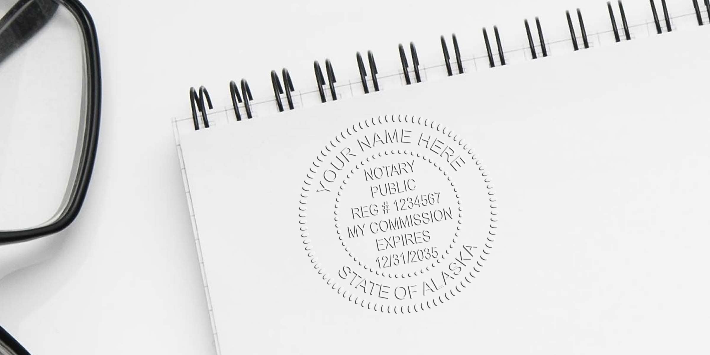 Embossed notary public seal reading "State of Alaska" and commission details impressed on a white spiral notebook beside black eyeglasses