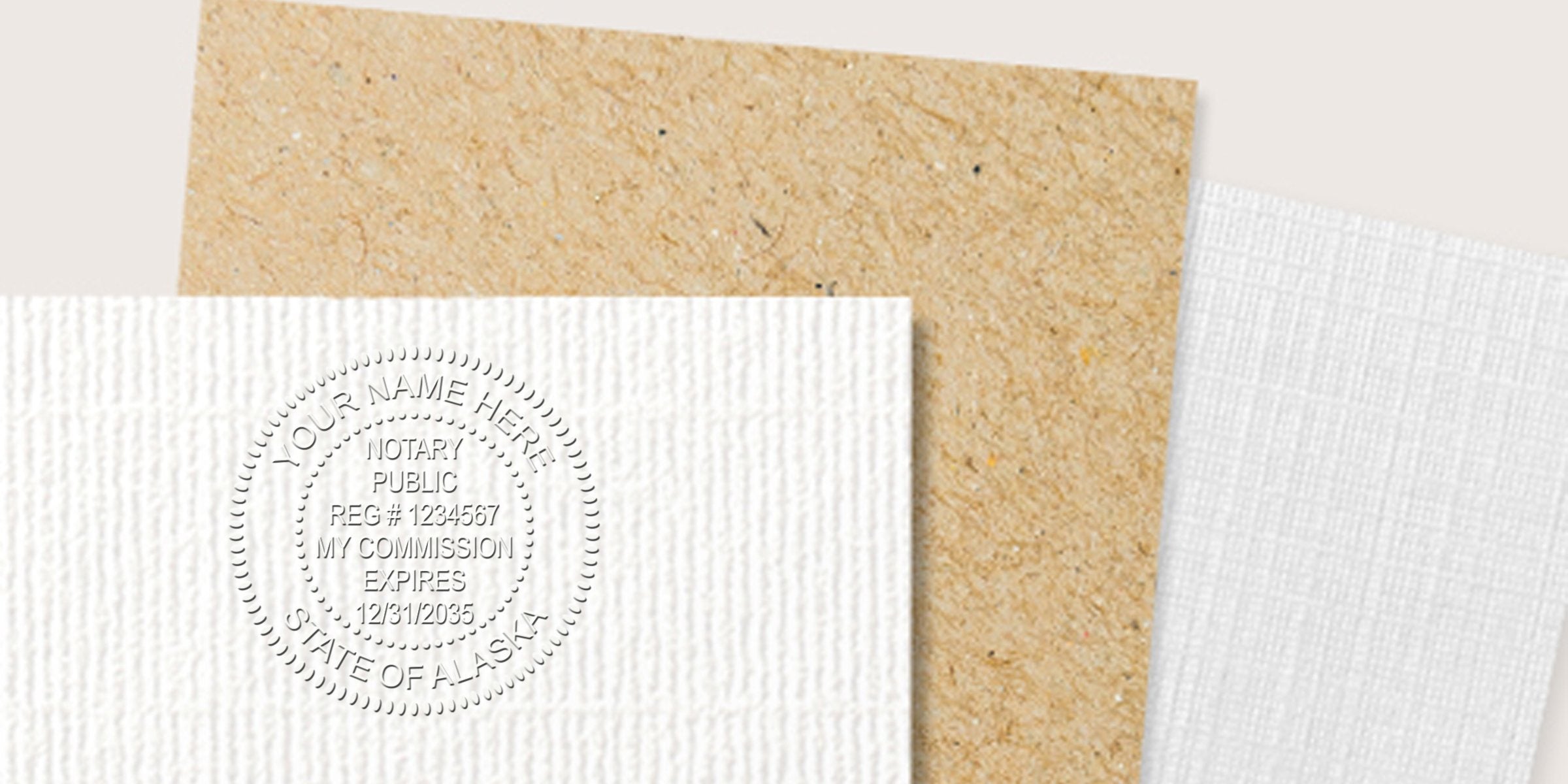 Embossed notary public seal impression on textured white paper over kraft backing, circular "Notary Public" seal showing registration number, commission expiry date and "State of Alaska" text, close-up detail for legal stationery