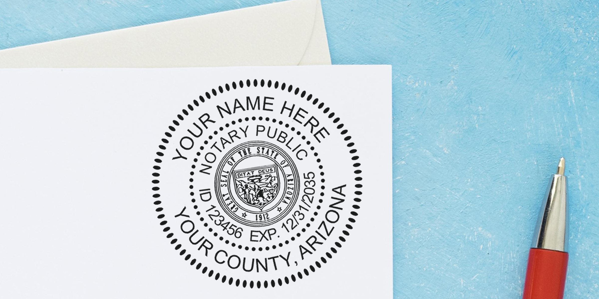 Customizable notary public seal stamp mockup on white paper featuring Arizona state seal and placeholder text for name, county, ID and expiration, set on a textured blue background with a red ballpoint pen.