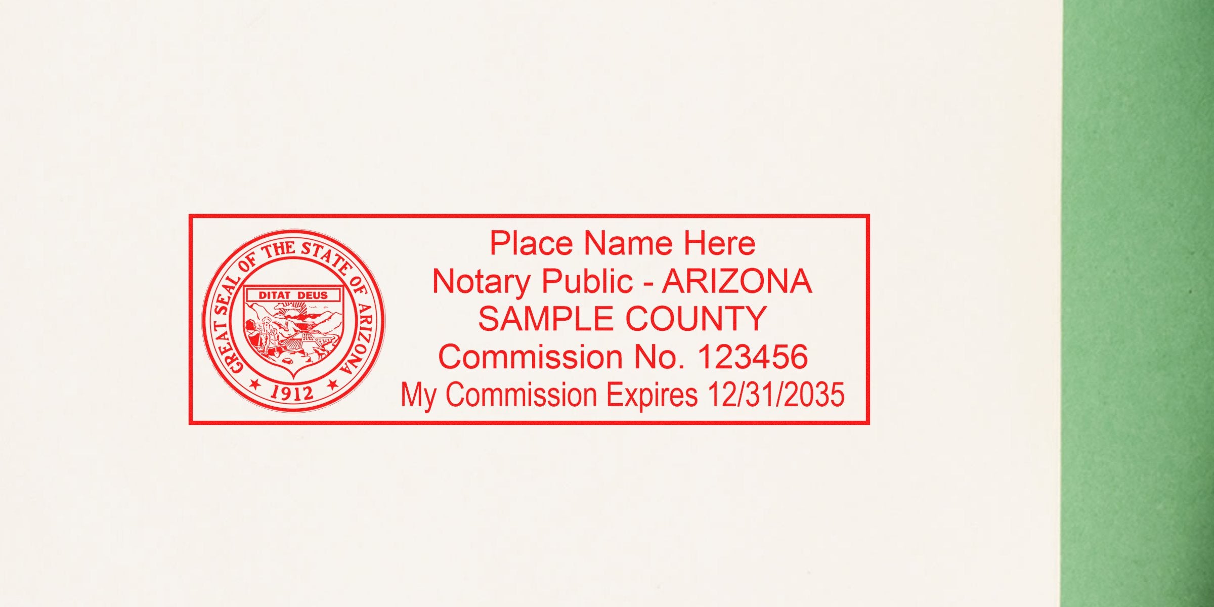 Red rectangular Arizona notary public stamp with state seal, sample county text, commission no. 123456 and expiration 12/31/2035 on light paper.