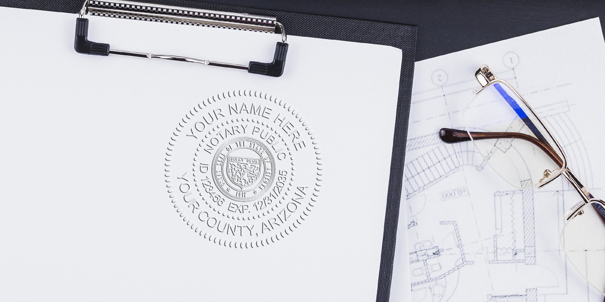Embossed notary public seal on white paper clipped to a black clipboard beside reading glasses resting on architectural blueprints, symbolizing legal document certification and professional notary services.