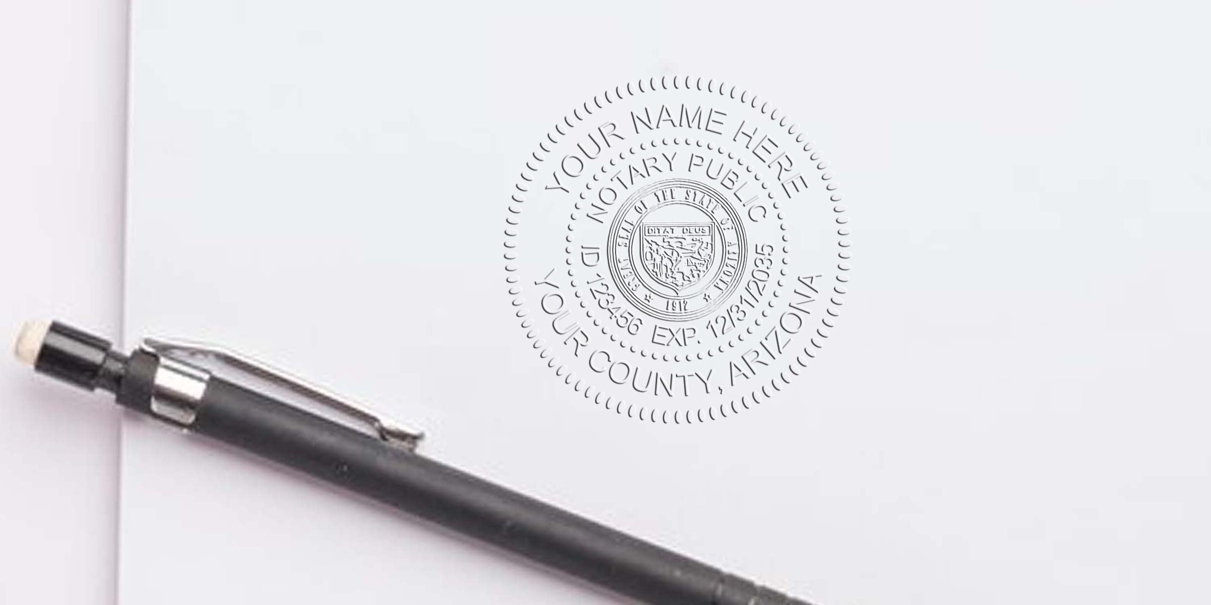 Embossed notary public seal on white paper beside a black retractable pen, close-up of circular county notary stamp impression for legal documents and certification