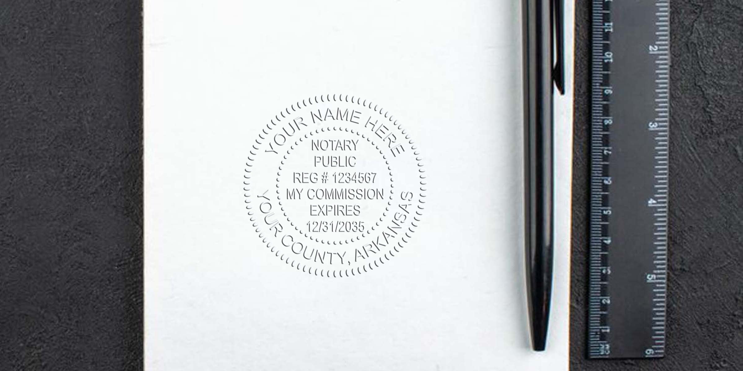 Embossed notary public seal on white paper with black pen and ruler on dark textured desk — notary stamp, legal document tools