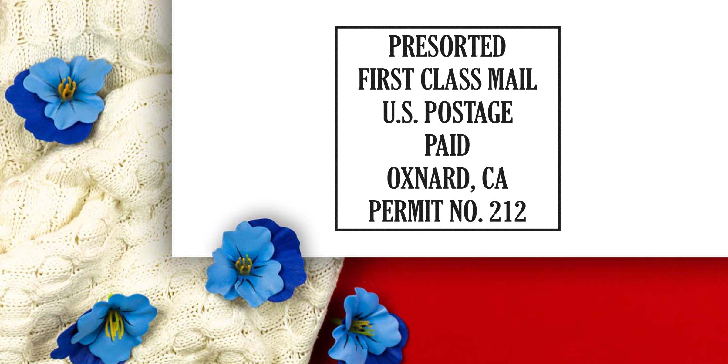 Presorted first-class mail label on a white card with a black border and bold text.