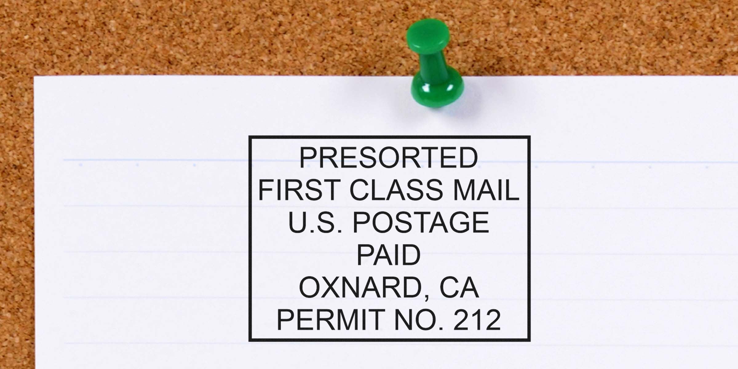 A white envelope label with a black border reading: “PRESORTED FIRST CLASS MAIL U.S. POSTAGE PAID OXNARD, CA PERMIT NO. 212.”
