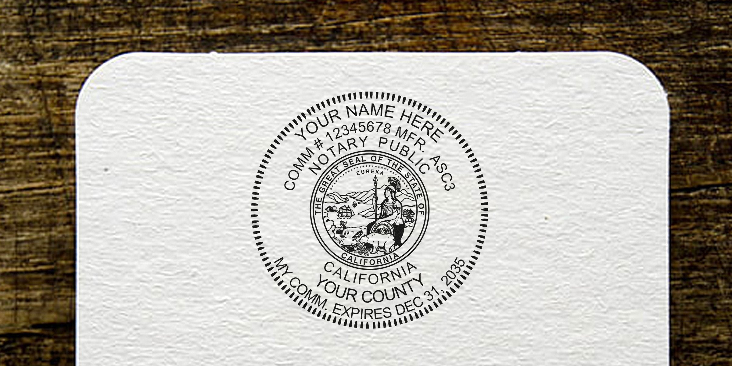 Embossed circular California notary public seal on textured white paper featuring the state seal, placeholder name, commission number, county and expiration date