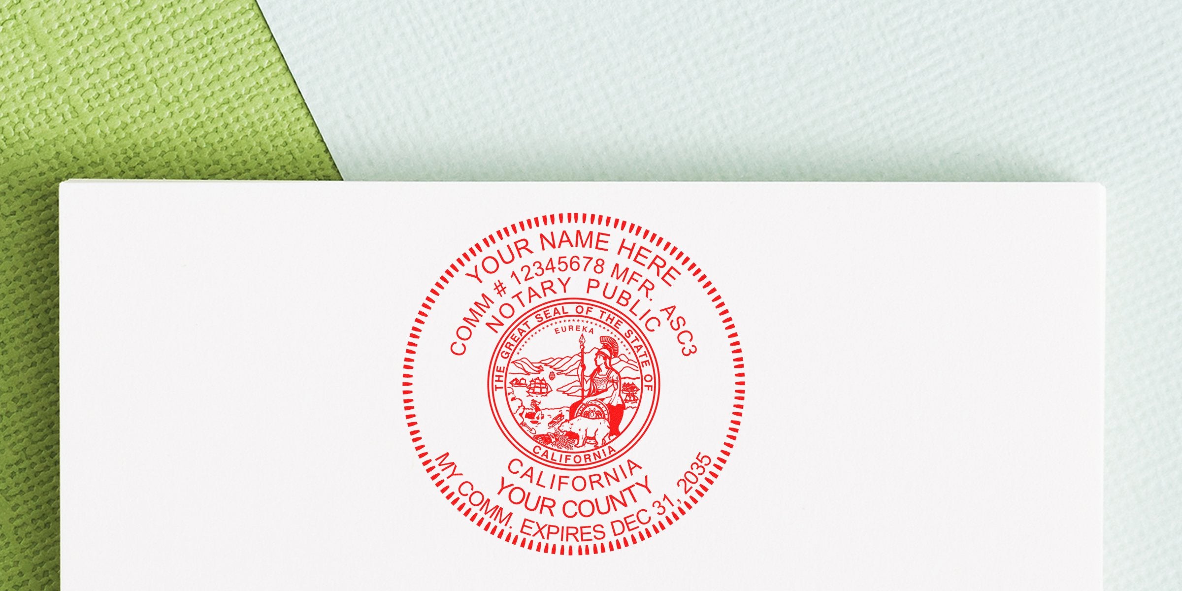 Red circular California notary public seal stamp on white paper showing state emblem, placeholder name, commission number, county and expiration date, set against angled green textured background