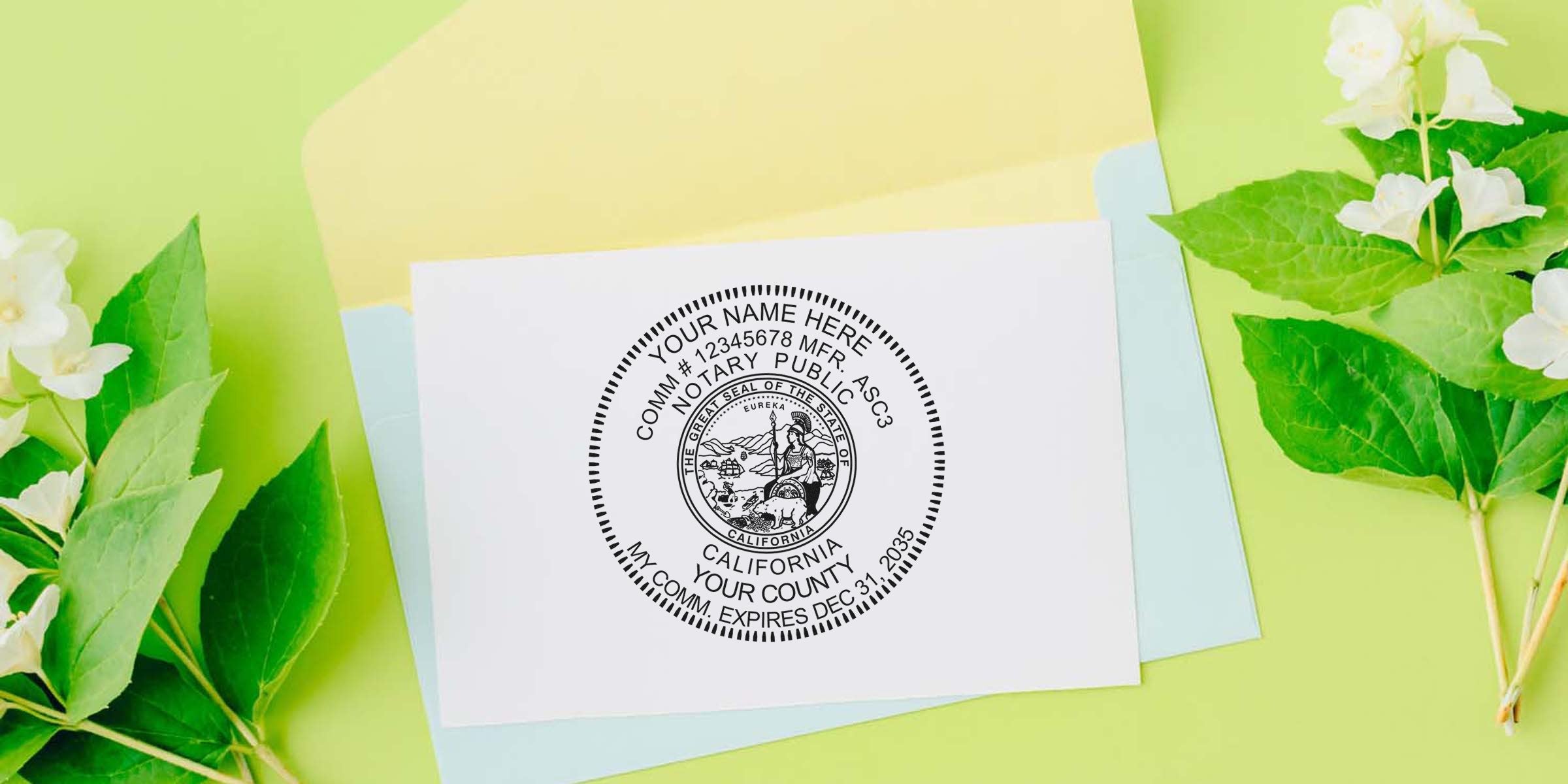 Mockup of a round California notary public seal printed on a white card over pastel envelopes, surrounded by green leaves and white flowers — customizable notary stamp for business, official seal, name and county details.