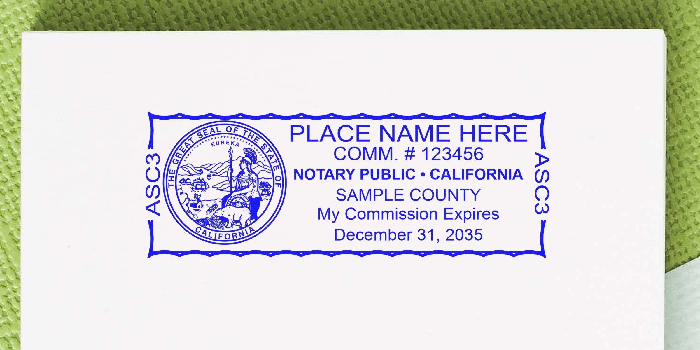 Blue California notary public stamp imprint with state seal, sample county, placeholder name, commission number and expiration date.
