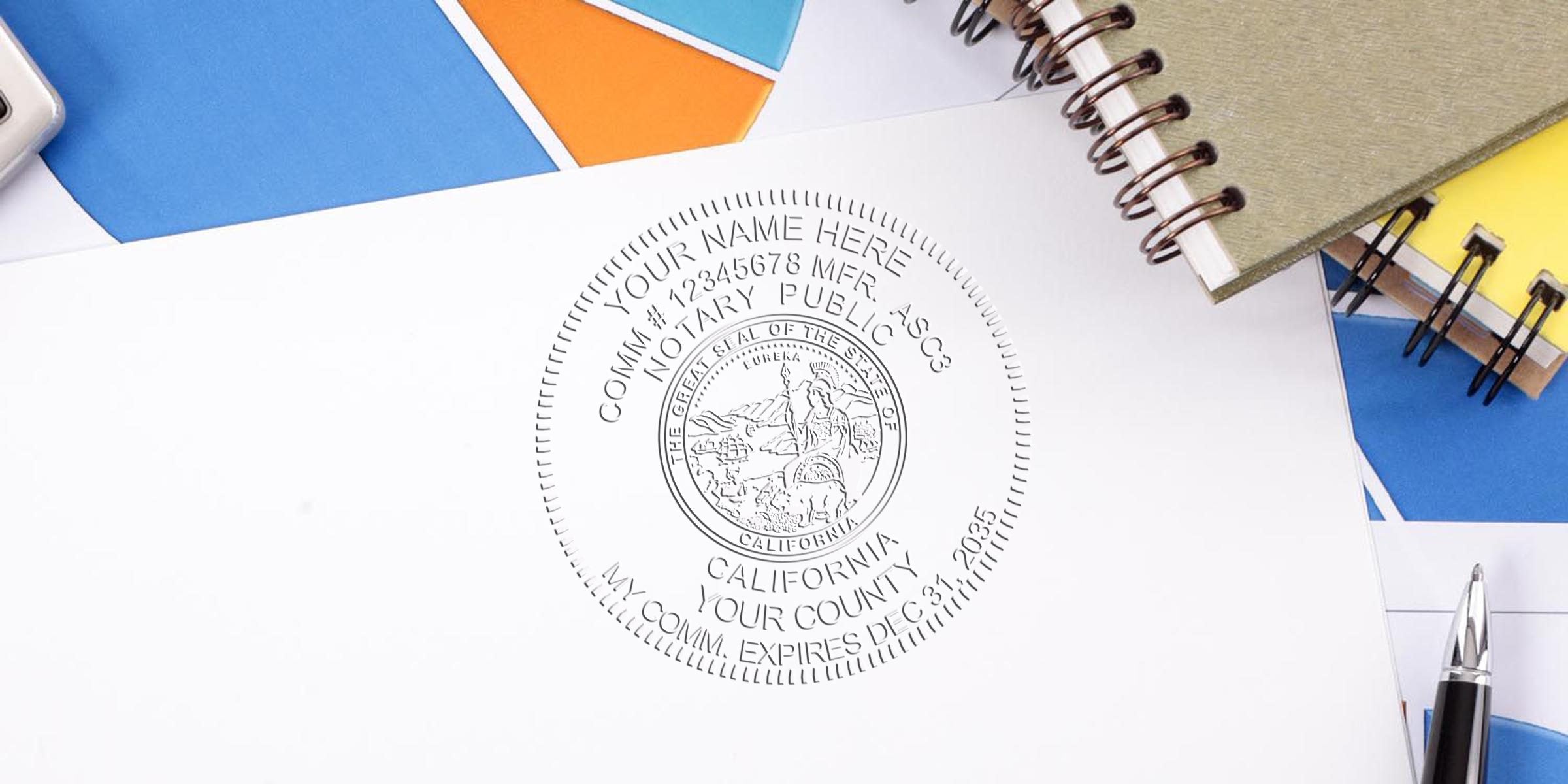 Embossed California notary public seal on white paper surrounded by colorful notebooks, a pen and office supplies for notarized documents