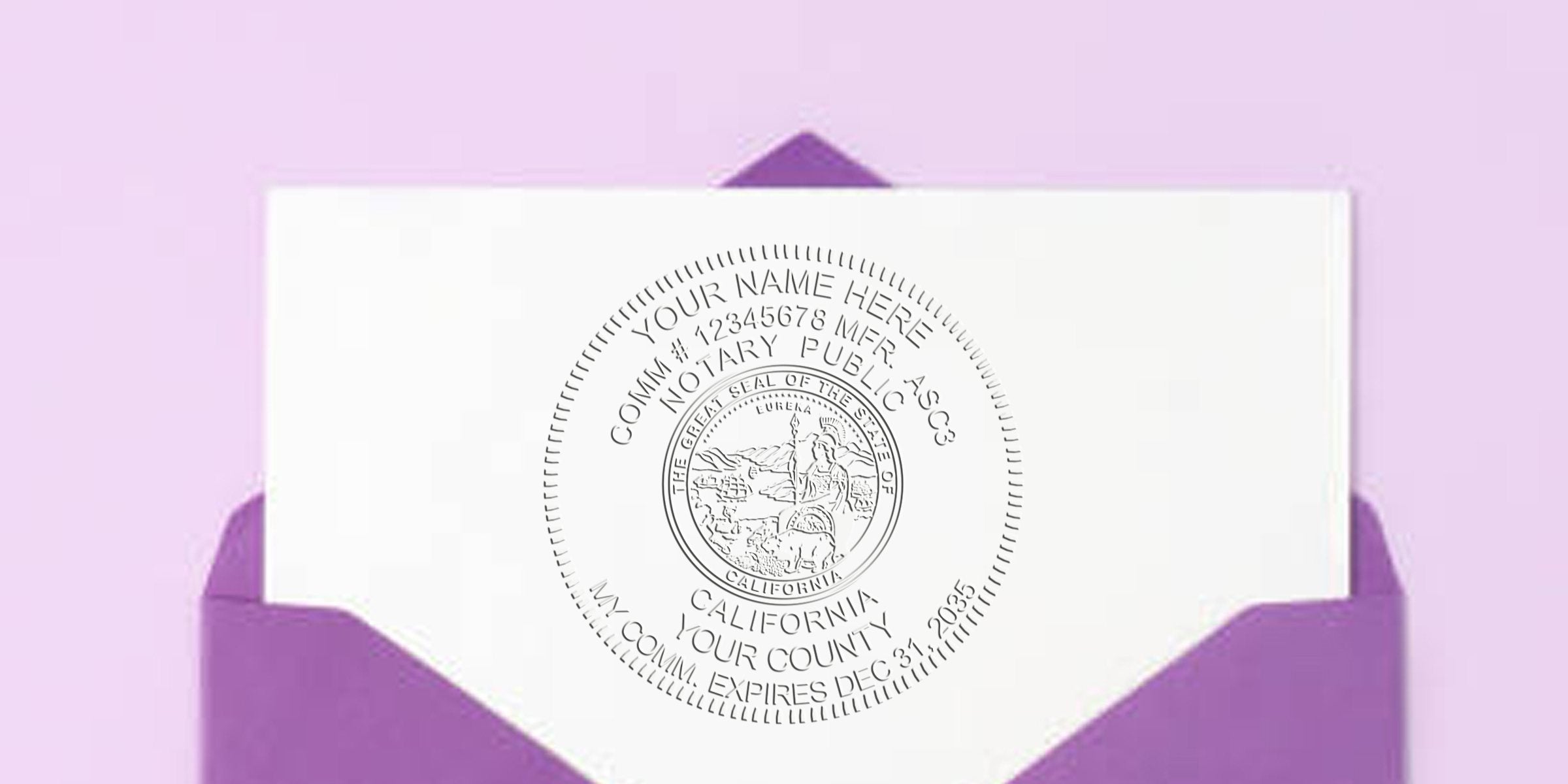 Purple envelope holding a white card featuring a circular embossed California notary public seal mockup with customizable name, county and commission expiration — professional notary seal on stationery.