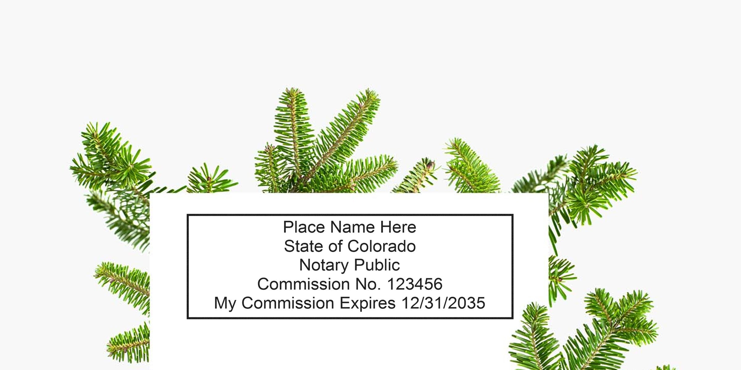 White rectangular Colorado notary public stamp placeholder with sample commission number and expiration date, surrounded by green pine evergreen branches—holiday-themed notary or legal document graphic.