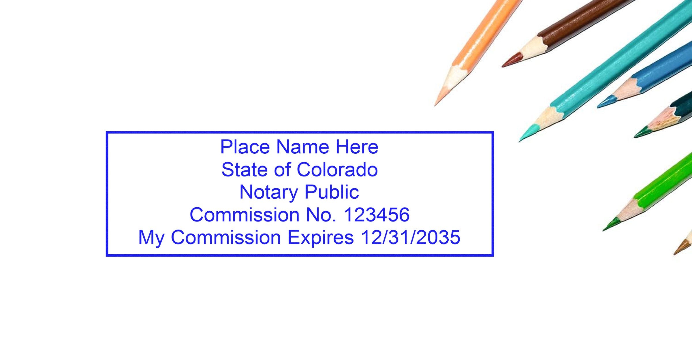 Blue rectangular Colorado notary stamp mockup with placeholder name, Commission No. 123456 and commission expiration 12/31/2035 on white background, decorative colored pencils at top-right — notary stamp template image
