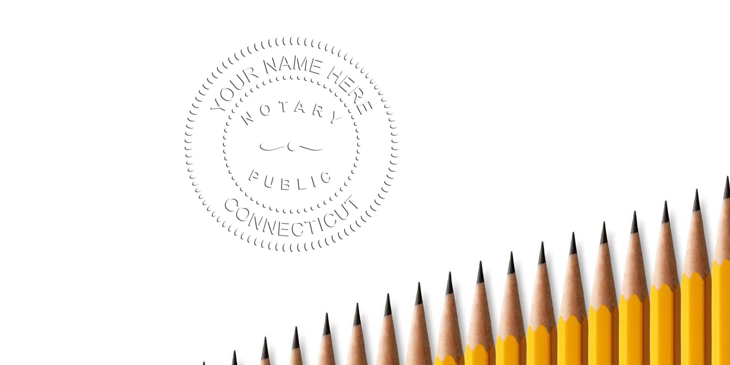 Embossed Connecticut notary public seal reading "Your Name Here" on white background with a diagonal row of sharpened yellow pencils rising from bottom edge — legal, office, and document preparation concept.