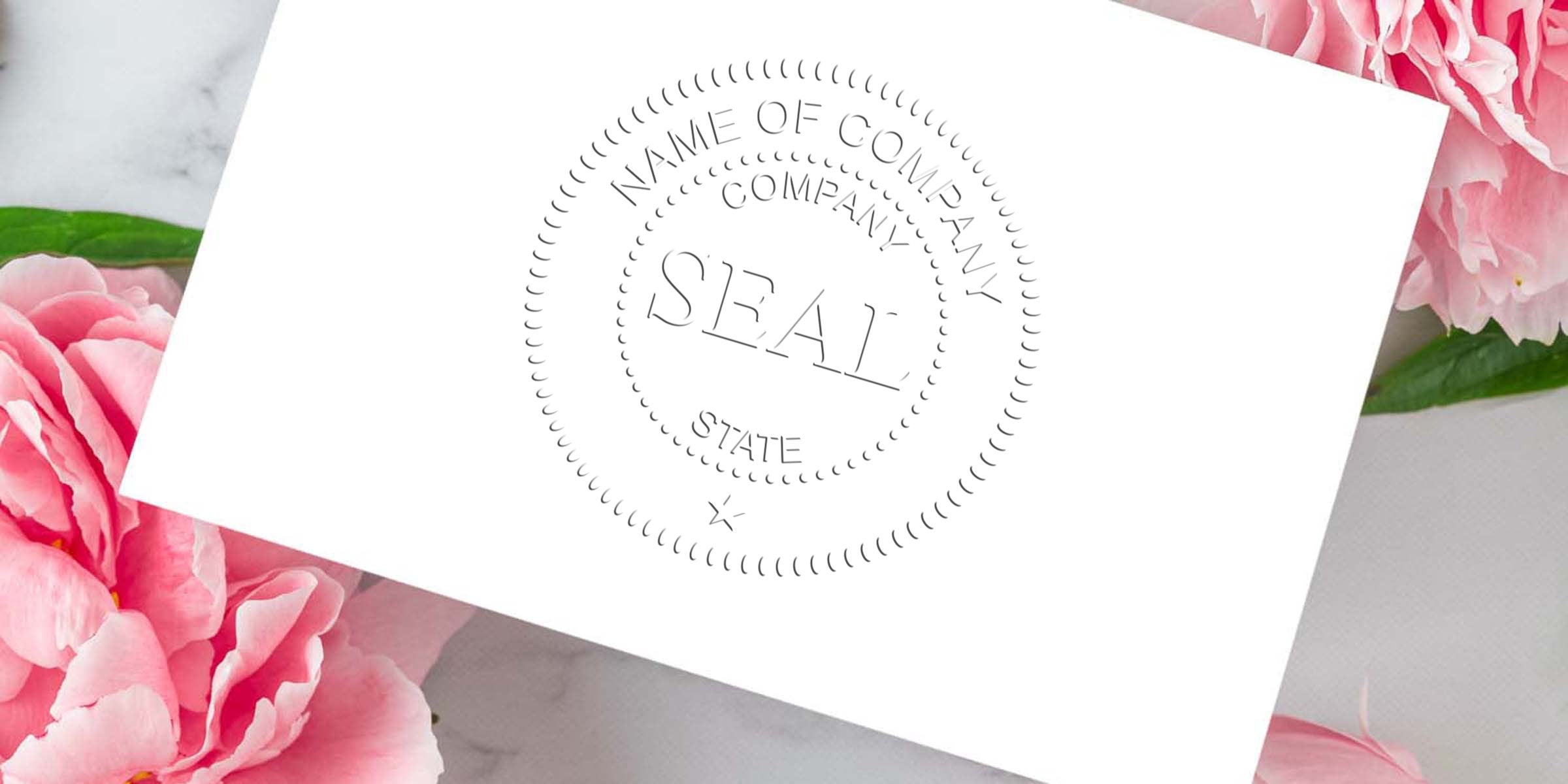 Circular seal stamp reading SEAL on a white sheet, with "NAME OF COMPANY" around the edge, pink flowers in the background.