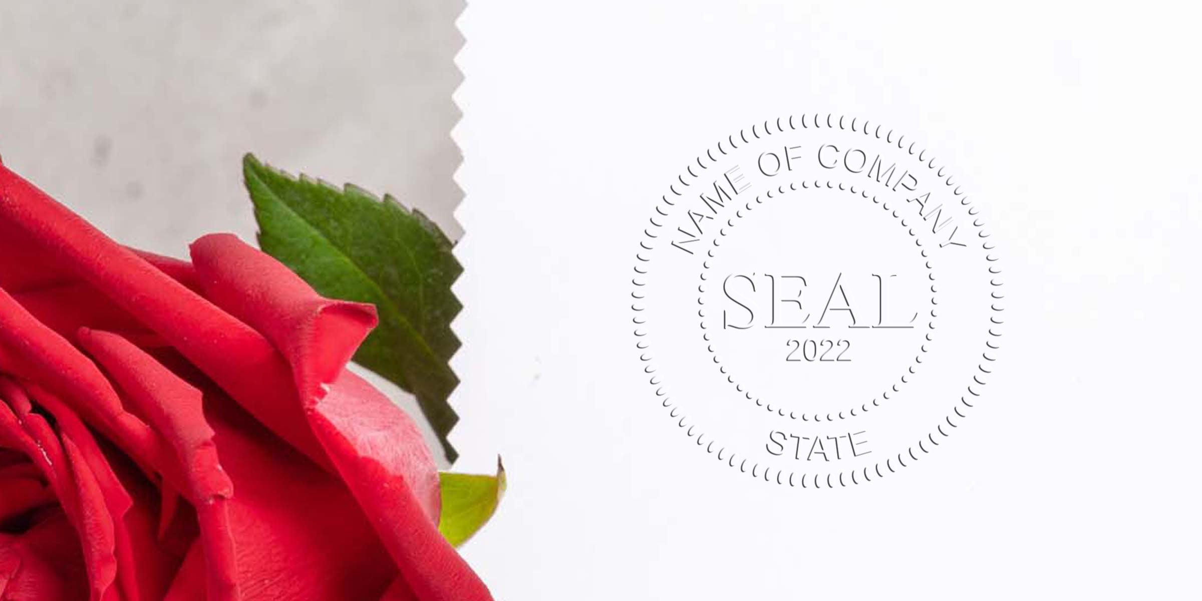 Close-up of a red rose on the left with a circular “SEAL 2022” stamp on a white background to the right.