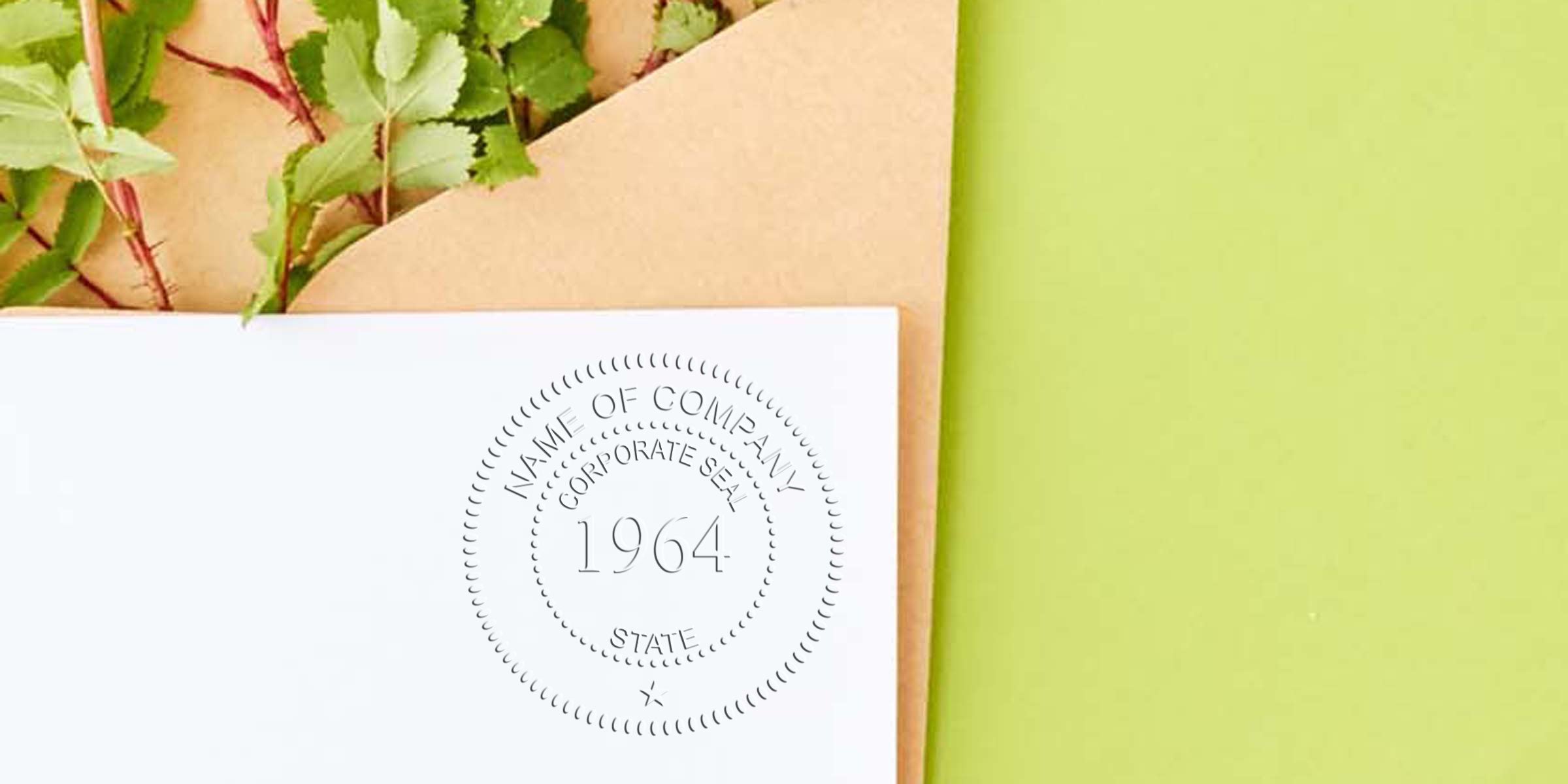 Close-up of a white envelope with a circular embossed seal displaying the year 1964.