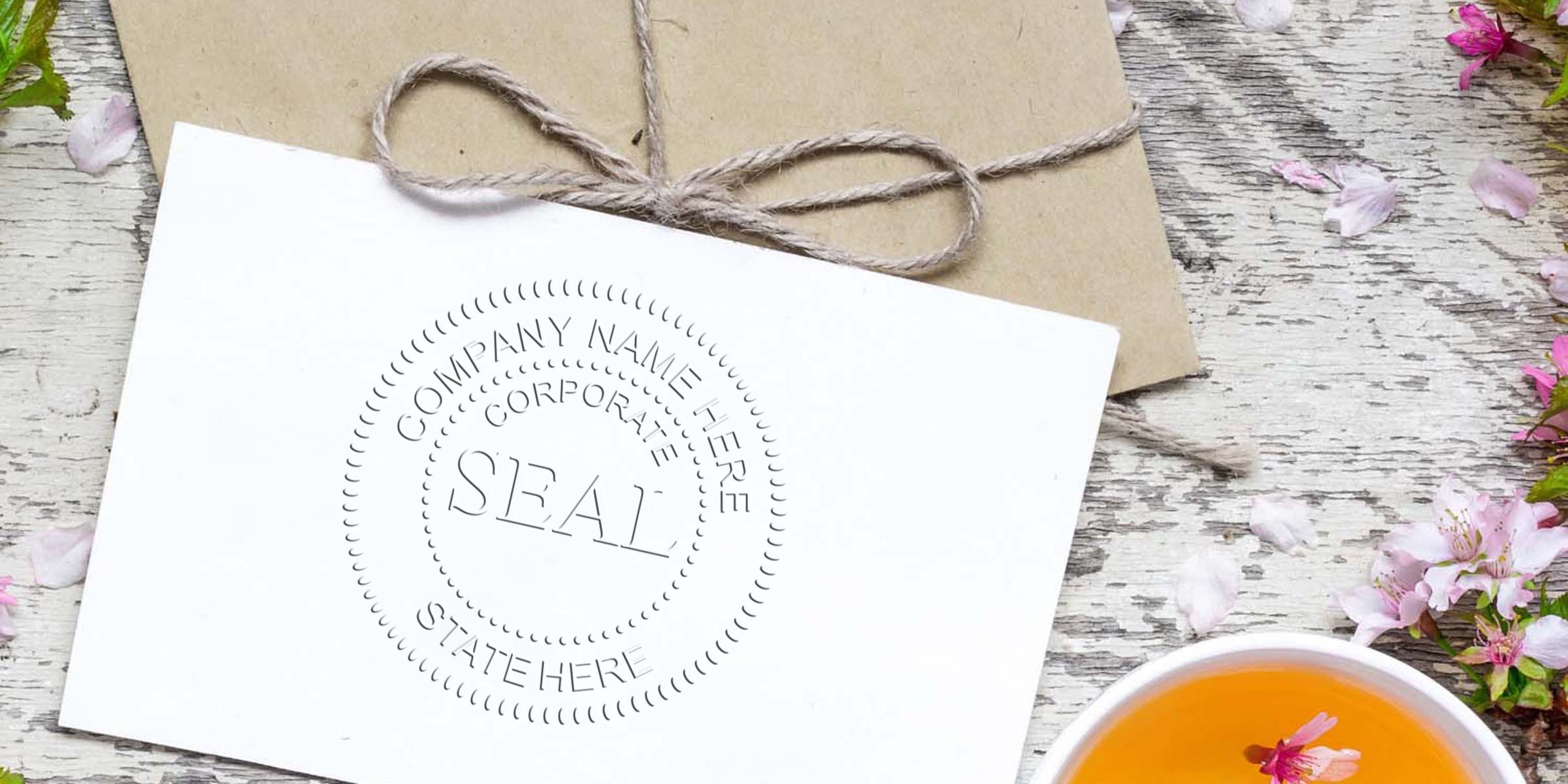 White envelope with a circular seal reading “SEAL” and placeholder text, placed on a rustic wooden surface with a brown envelope, flowers, and tea.