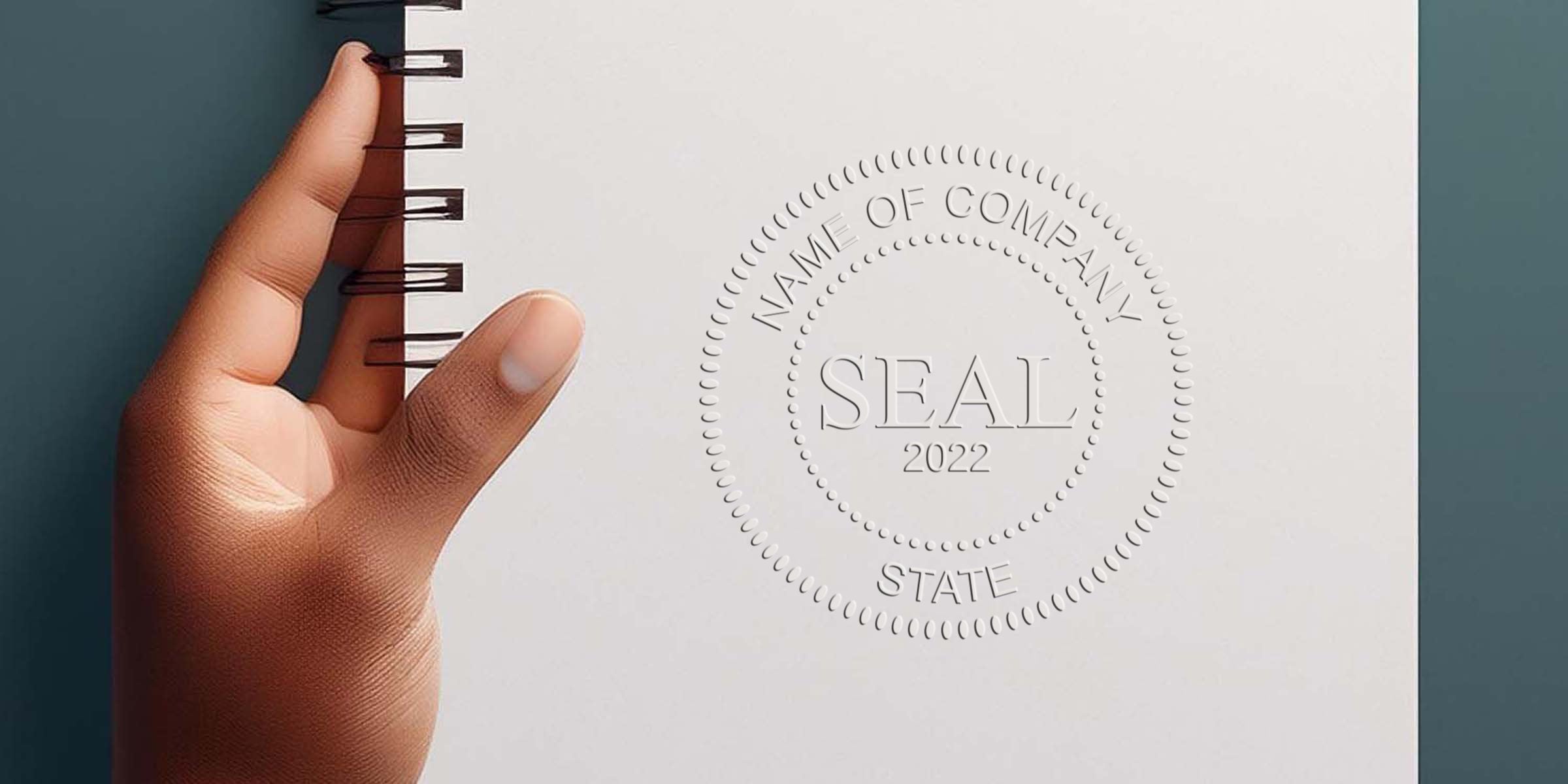 Image of a hand holding a spiral notebook page with an embossed circular seal reading “SEAL 2022.”