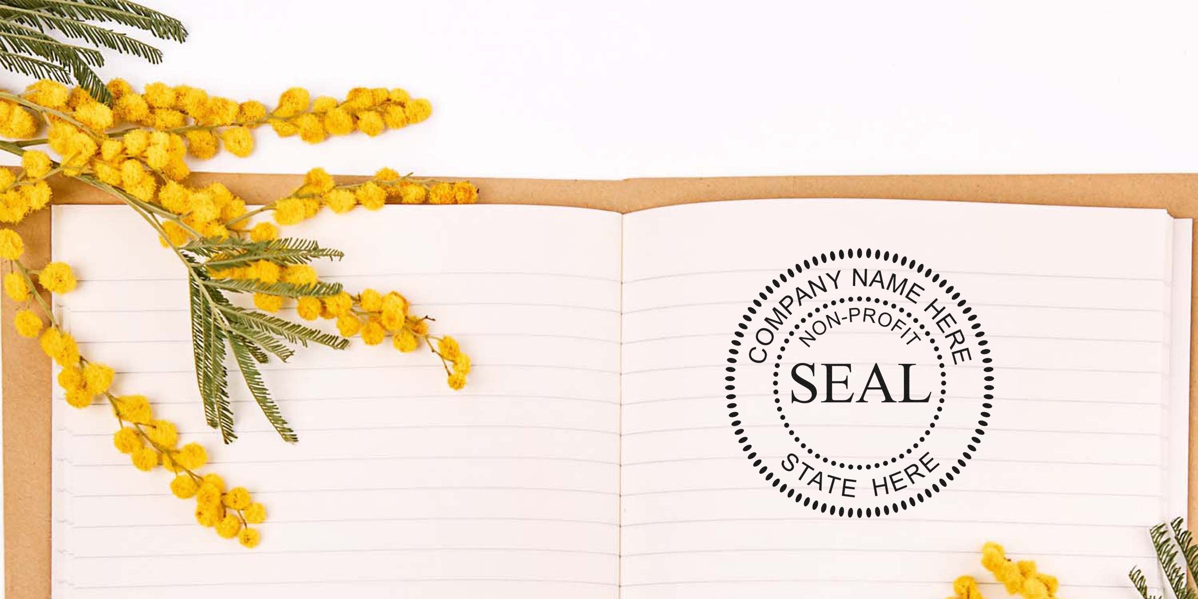 Open notebook with a circular “SEAL” stamp on the right page and yellow mimosa flowers decorating the left side.