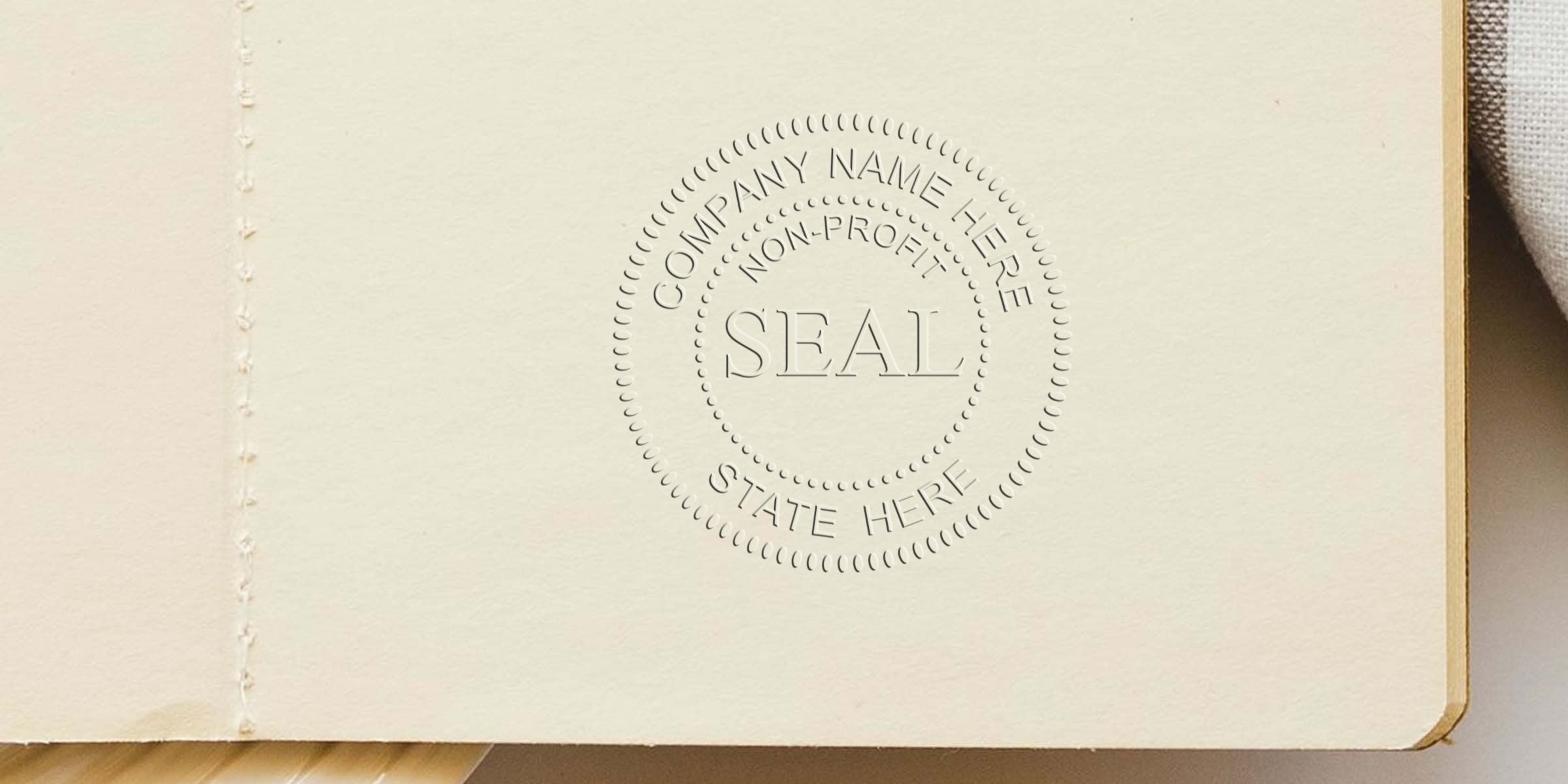 Circular stamp seal with the word SEAL and placeholder text COMPANY NAME HERE NON-PROFIT STATE HERE.