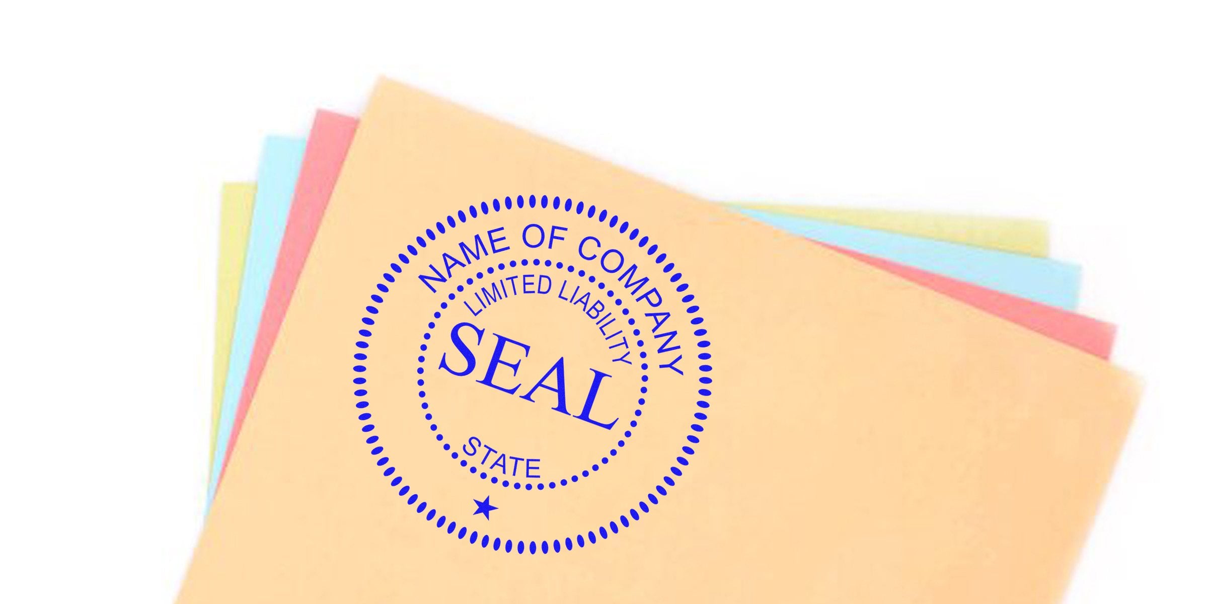 Blue circular seal reading "NAME OF COMPANY LIMITED LIABILITY SEAL STATE" stamped over pastel-colored folders.