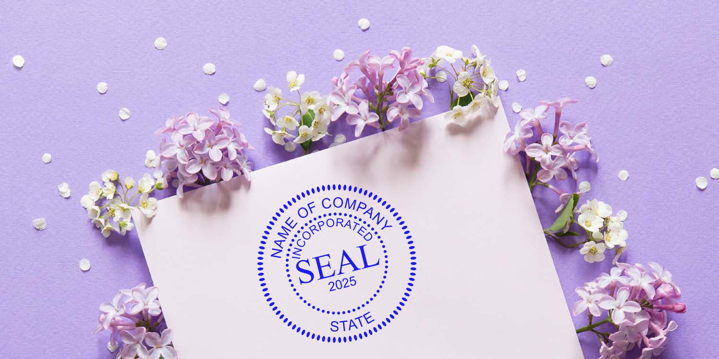 A white card with a blue circular “SEAL 2025” stamp, surrounded by pink and white flowers on a purple background.