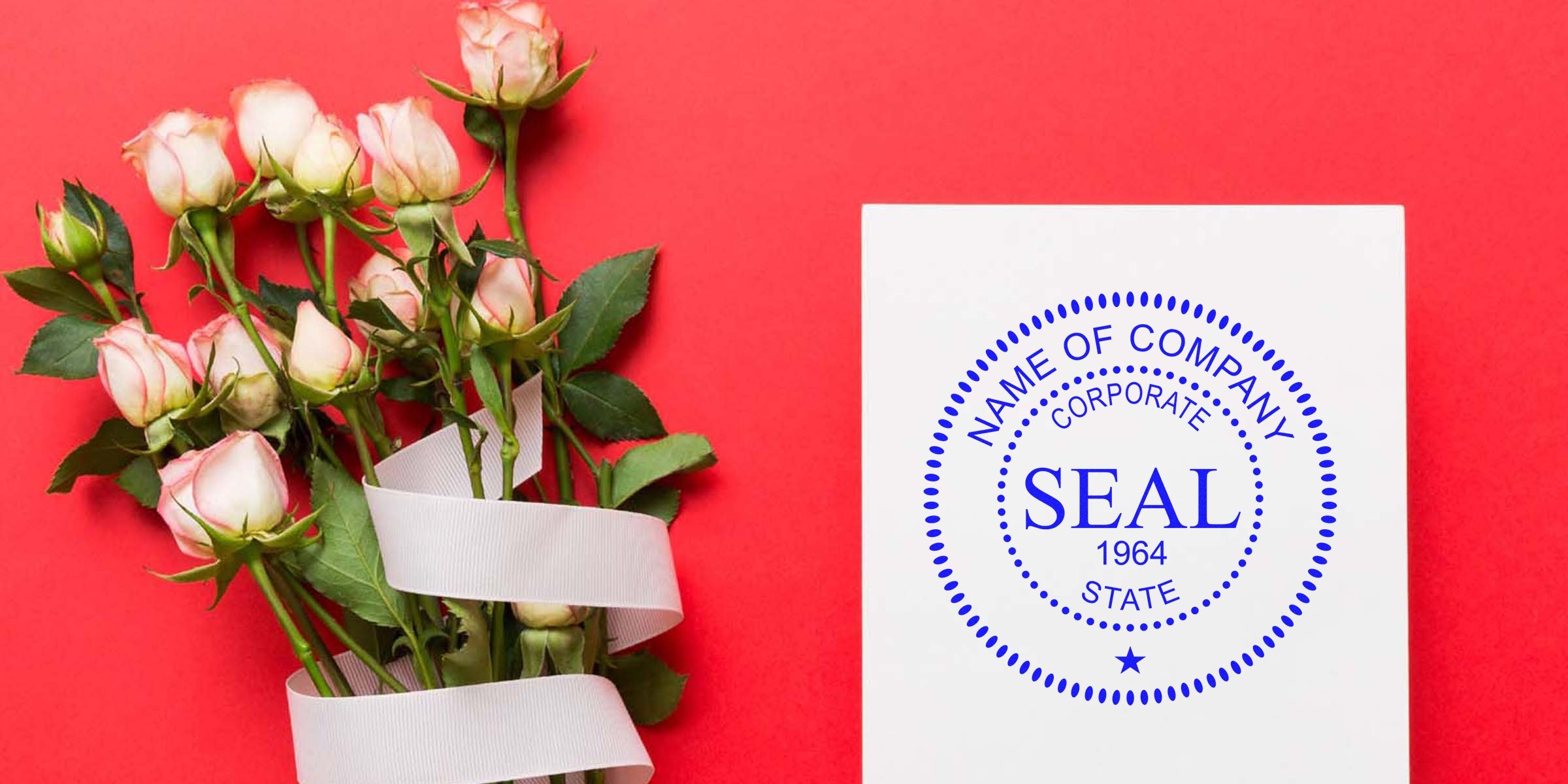 Bouquet of pale pink and white roses with a white ribbon beside a blue circular seal on a white card against a red background.