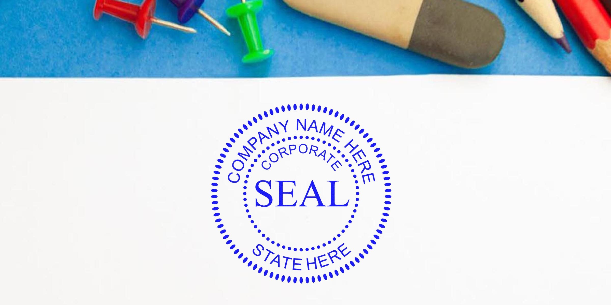 Blue circular company seal stamp with the word SEAL in the center.