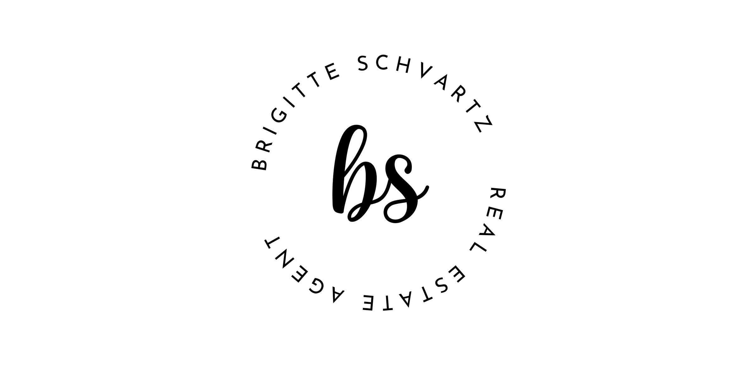 Minimalist circular black logo with a scripted monogram at center and curved sans-serif text around the circle indicating a real estate agent, on a white background