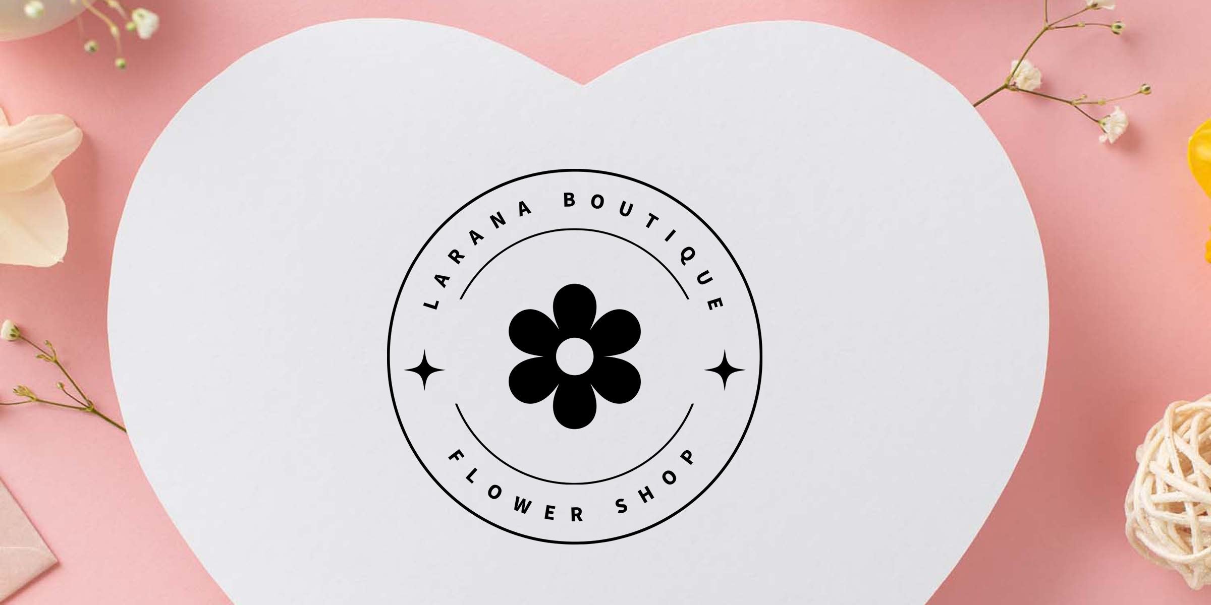 Black circular "Larana Boutique Flower Shop" logo with stylized flower on a heart-shaped white card, pastel pink background and delicate floral accents