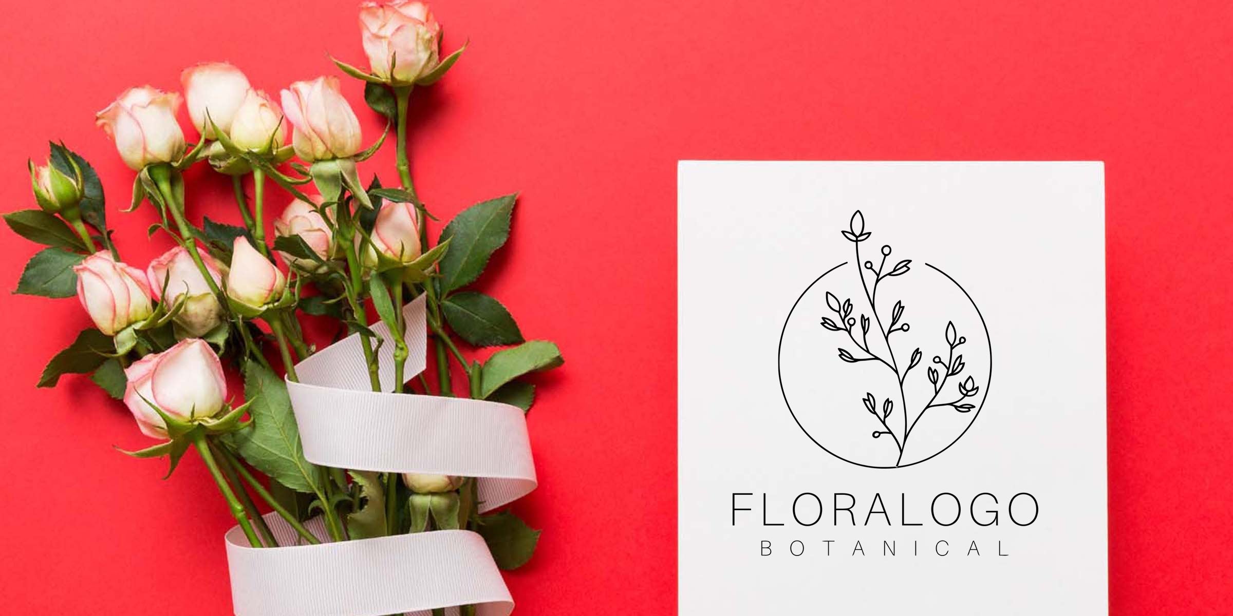 Bouquet of pale pink roses tied with a white ribbon on a red background beside a white card showing a minimalist circular botanical logo and the text "FLORALOGO BOTANICAL".