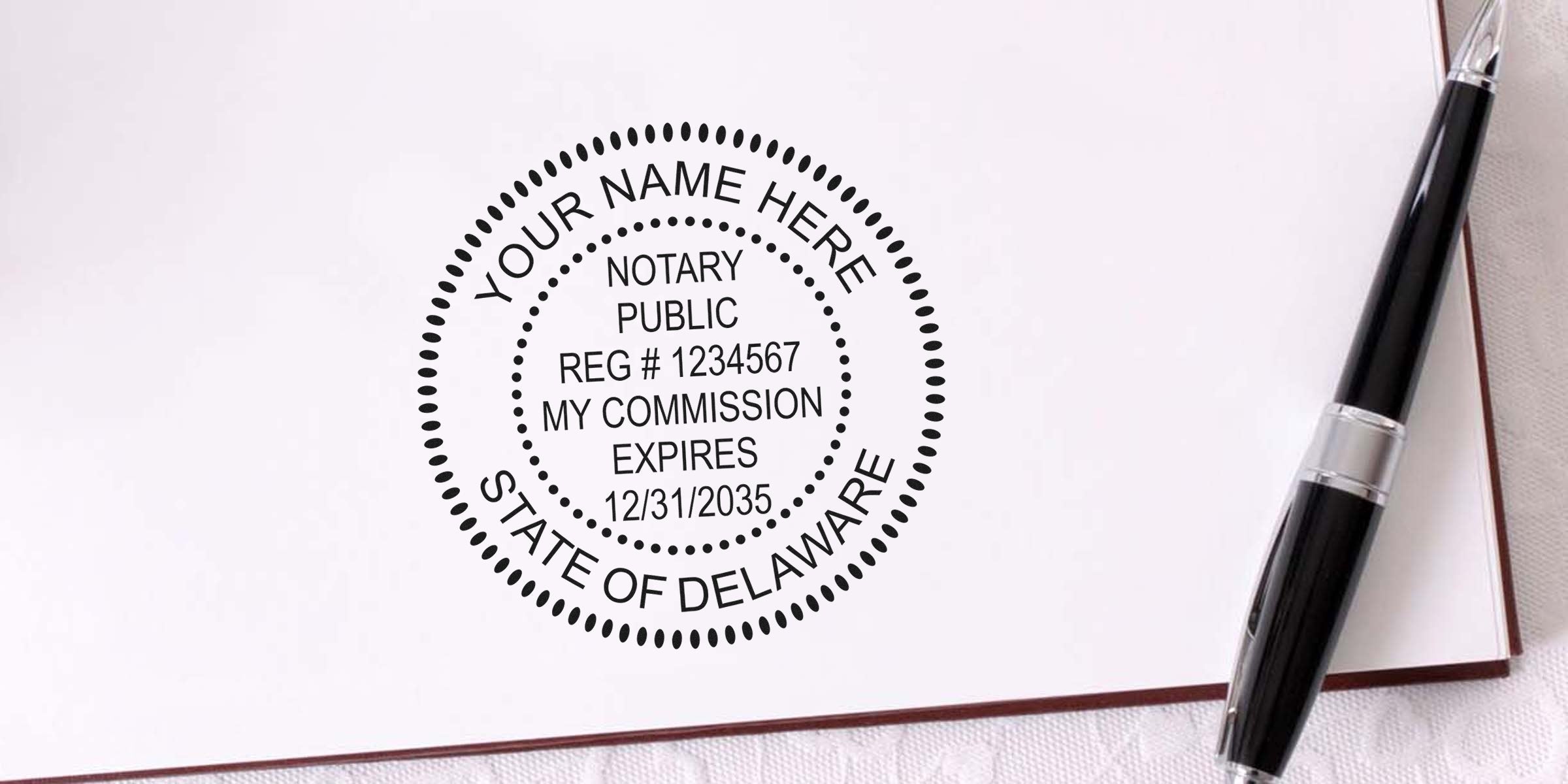 Close-up of a circular Delaware notary public stamp on white paper reading "Notary Public Reg# 1234567 My Commission Expires 12/31/2035" with a black pen at the right—official notary seal for documents.