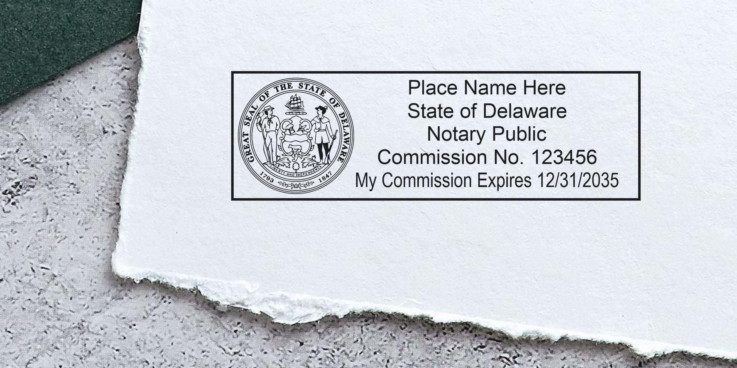 Delaware notary public stamp mockup on torn white paper showing state seal, placeholder name, commission number and commission expiration date (12/31/2035)