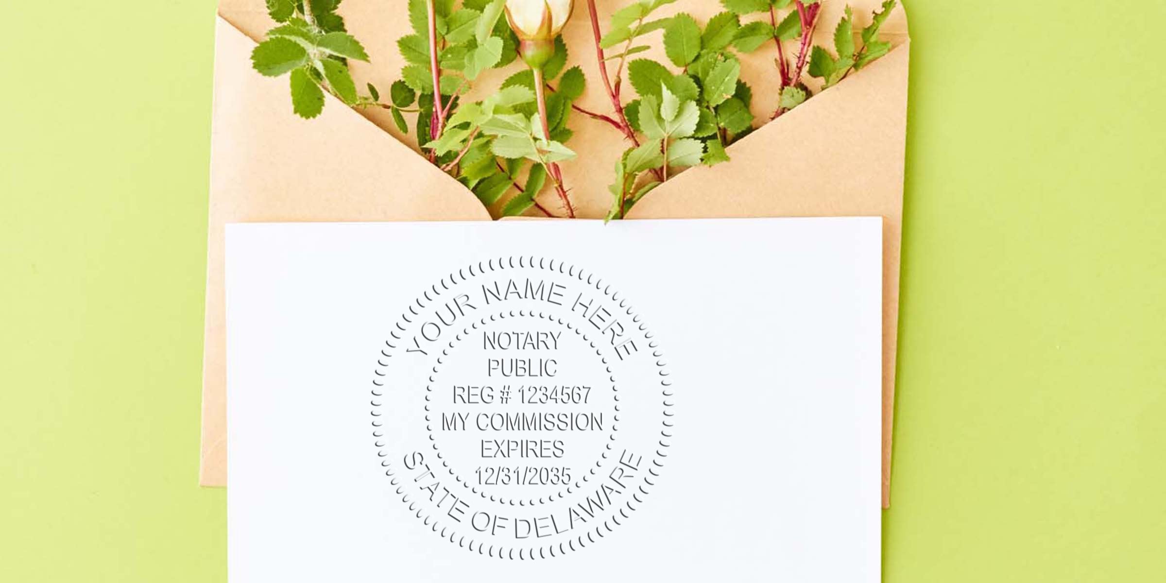 Overhead shot of a kraft envelope with green rose stems and a white card featuring a circular notary public seal mockup reading "State of Delaware" — personalized notary stamp concept for stationery, invitations, or legal branding.