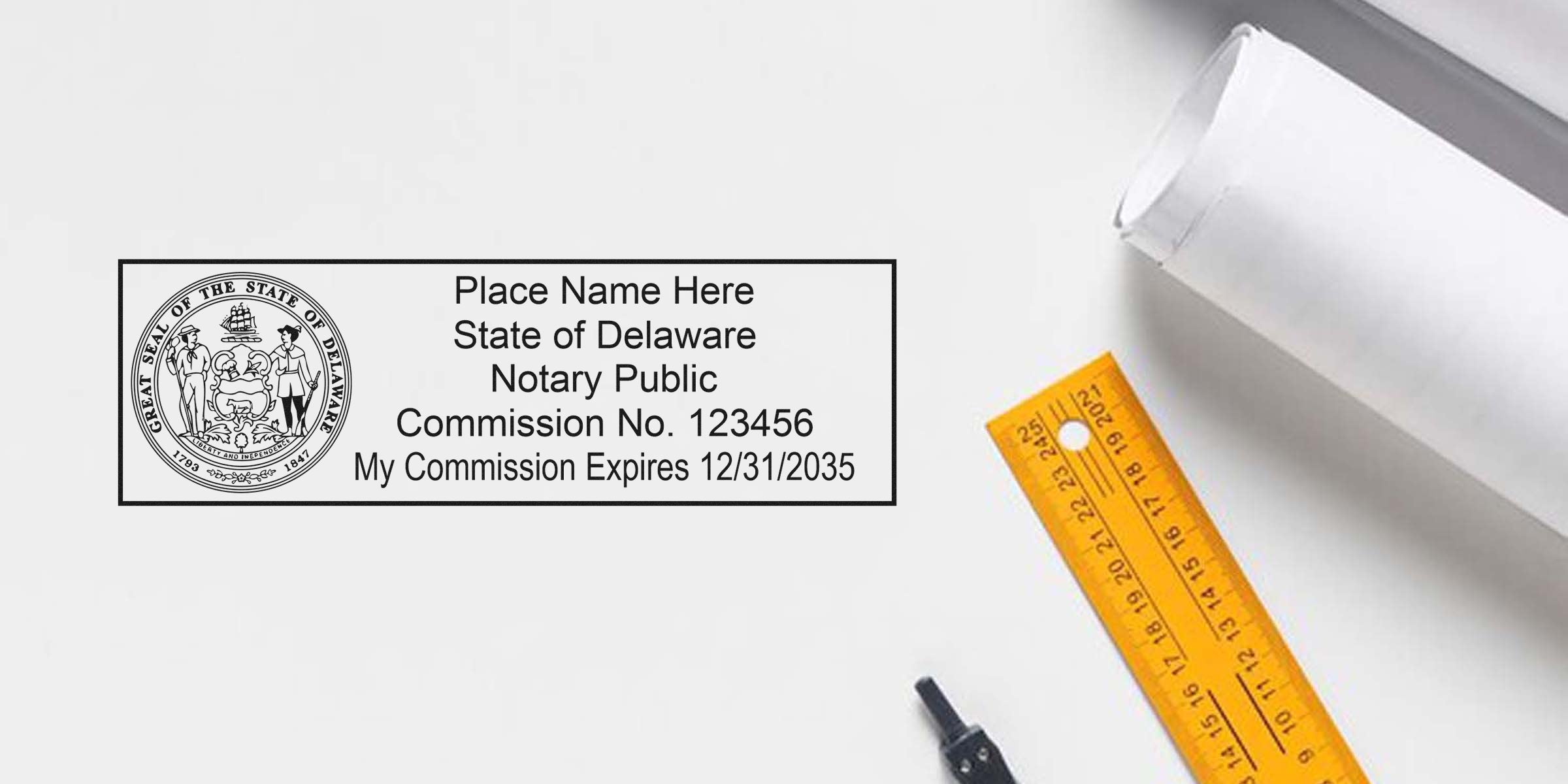 Delaware notary public stamp mockup with state seal, sample name, commission No. 123456 and expiration 12/31/2035, shown beside yellow ruler and rolled blueprint