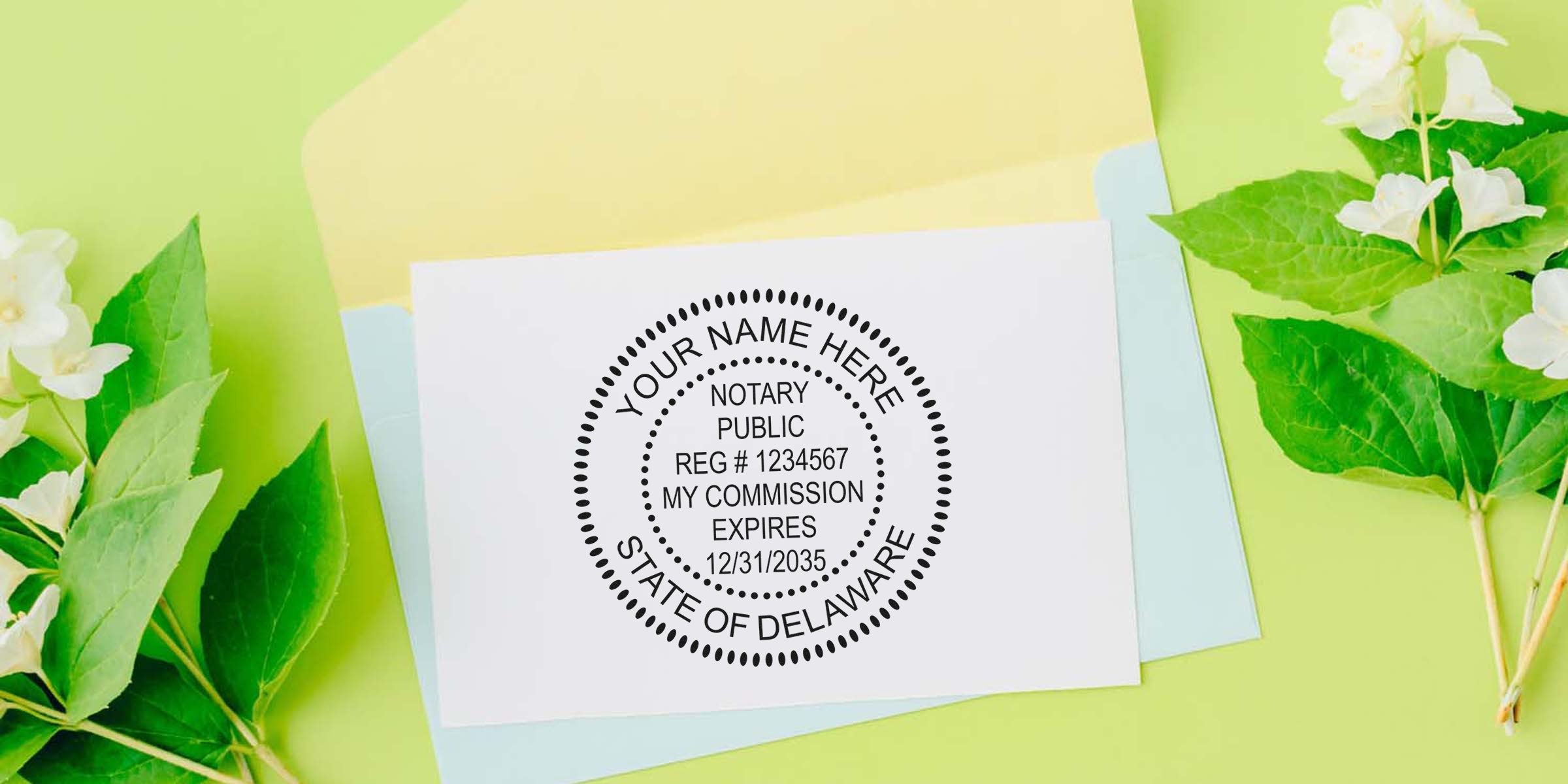 Close-up of a customizable circular notary public stamp on a white card reading "Your Name Here, State of Delaware" with reg number and commission expiration, placed on pastel envelopes with green leaves and white flowers.